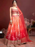 Tulsi Art Marvelous Orange Digital Print Embroidery Tebby Silk Party Wear Lehenga Choli | Grocsy