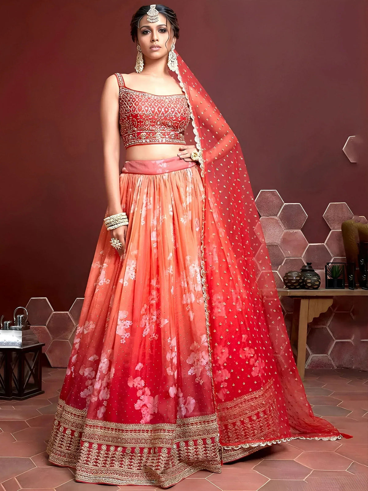 Tulsi Art Marvelous Orange Digital Print Embroidery Tebby Silk Party Wear Lehenga Choli | Grocsy
