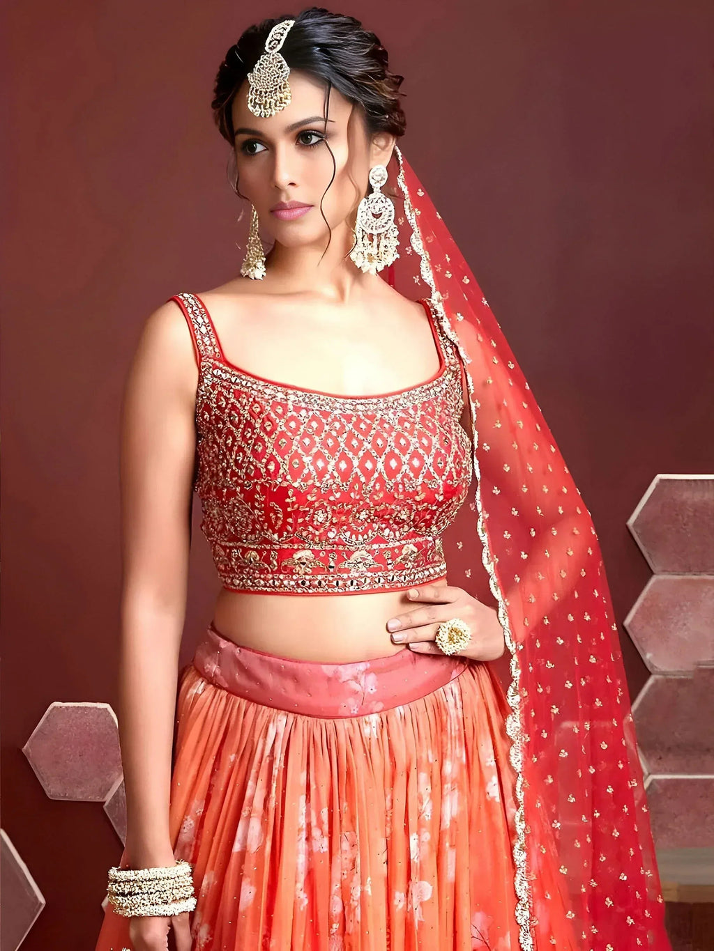 Tulsi Art Marvelous Orange Digital Print Embroidery Tebby Silk Party Wear Lehenga Choli | Grocsy