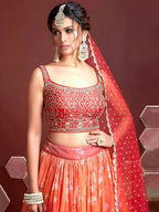 Tulsi Art Marvelous Orange Digital Print Embroidery Tebby Silk Party Wear Lehenga Choli | Grocsy