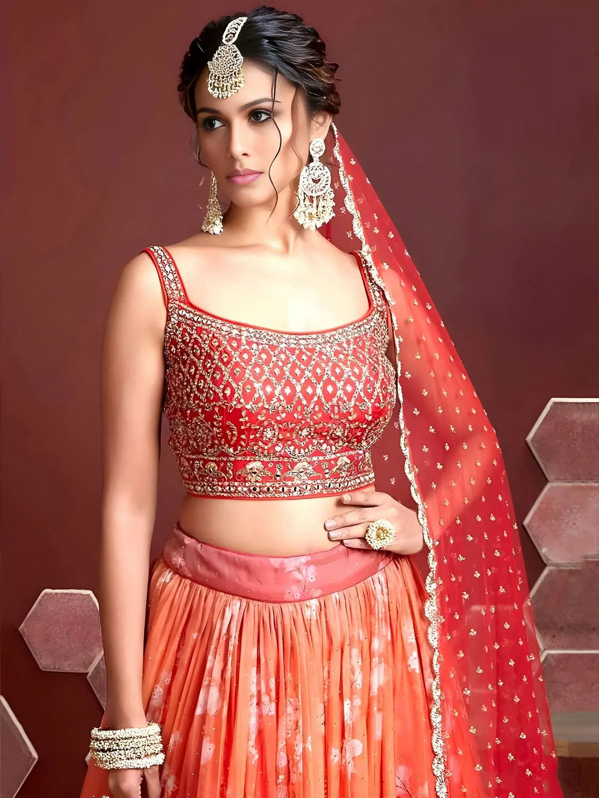 Tulsi Art Marvelous Orange Digital Print Embroidery Tebby Silk Party Wear Lehenga Choli | Grocsy