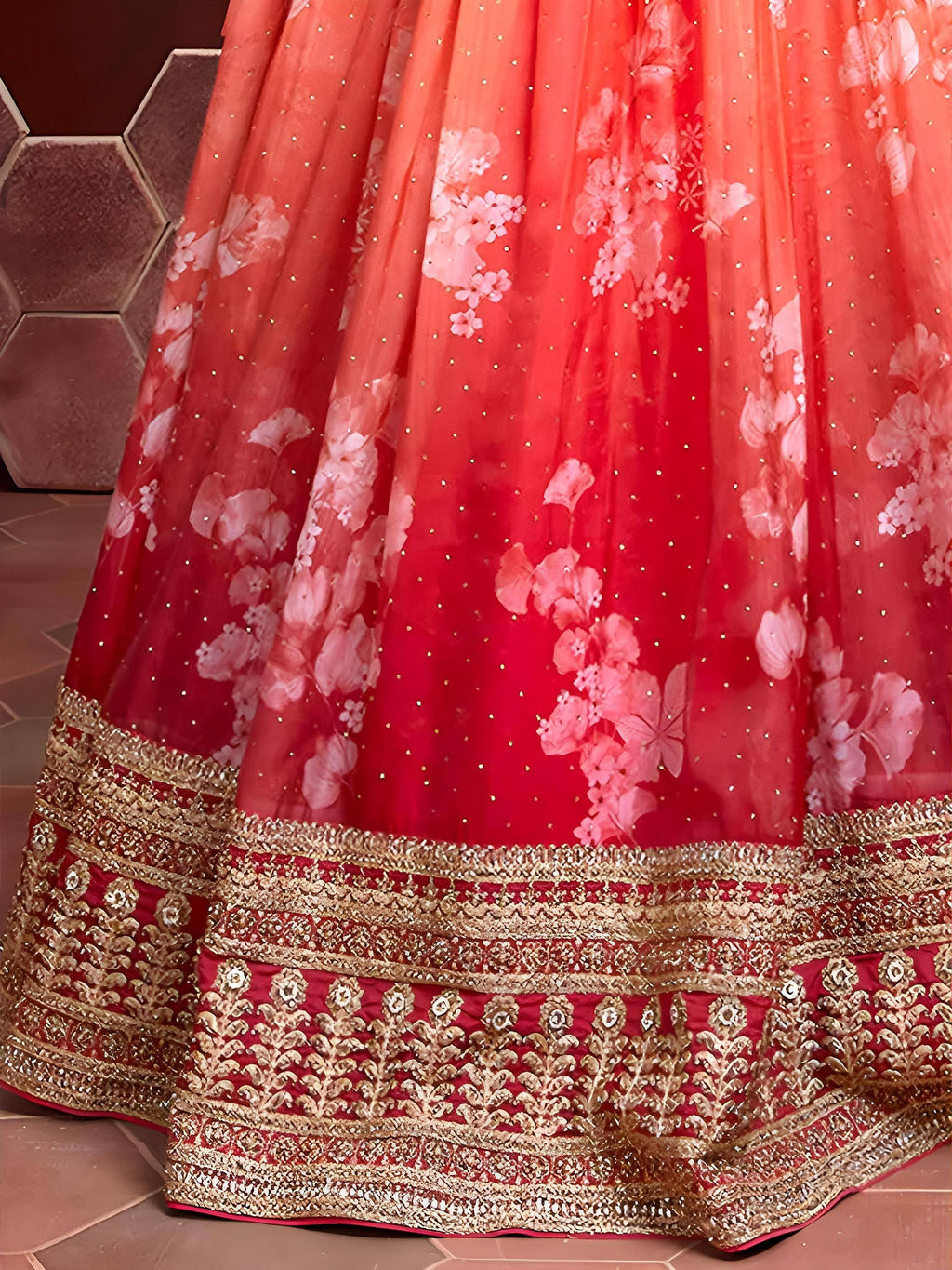 Tulsi Art Marvelous Orange Digital Print Embroidery Tebby Silk Party Wear Lehenga Choli | Grocsy