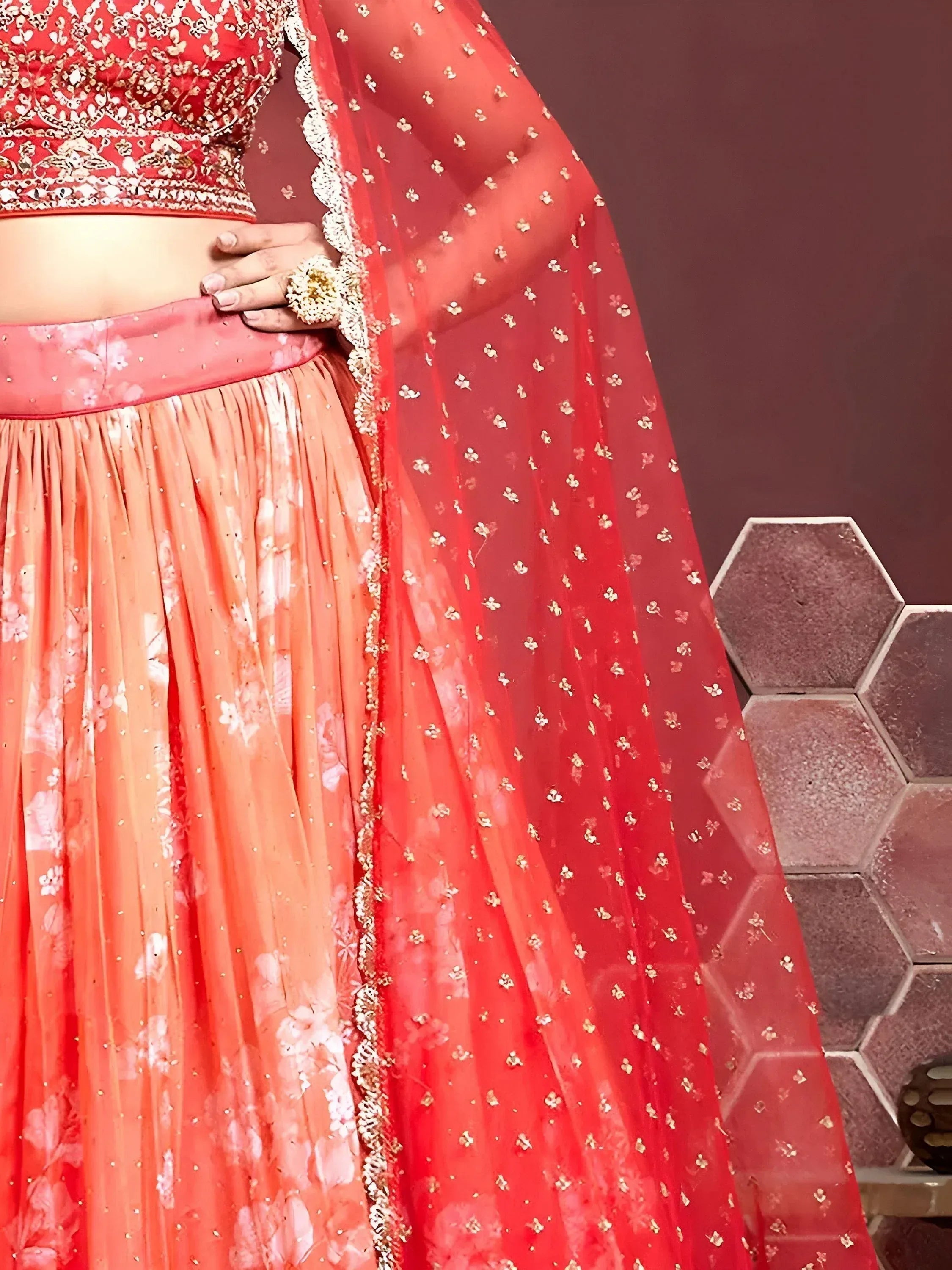 Tulsi Art Marvelous Orange Digital Print Embroidery Tebby Silk Party Wear Lehenga Choli | Grocsy