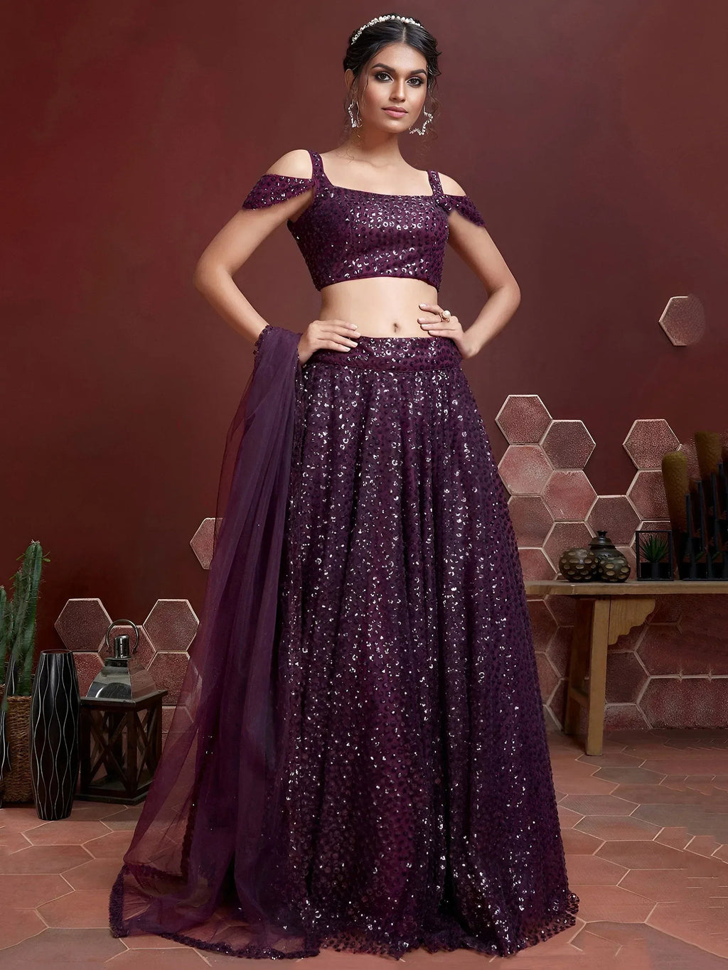 Tulsi Art Fabulous Purple Embroidery Net Party Wear Lehenga Choli | Grocsy