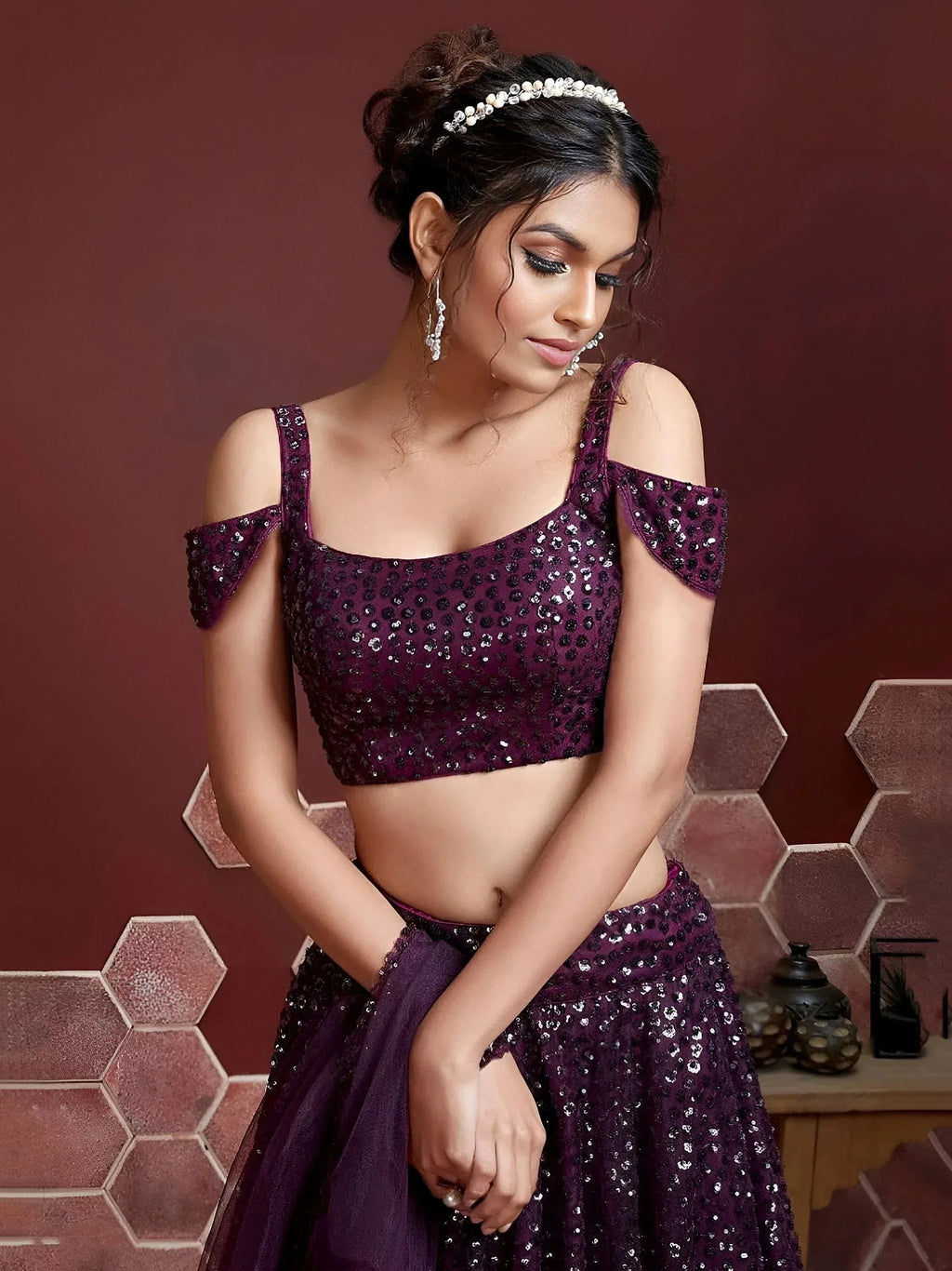 Tulsi Art Fabulous Purple Embroidery Net Party Wear Lehenga Choli | Grocsy