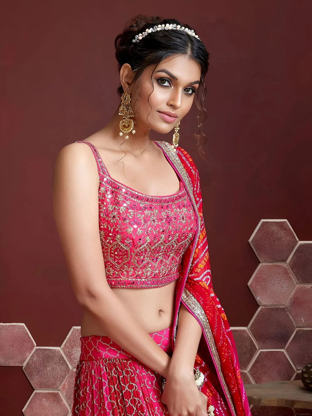 Tulsi Art Great Pink Embroidery Pure Chinon Silk Party Wear Lehenga Choli | Grocsy