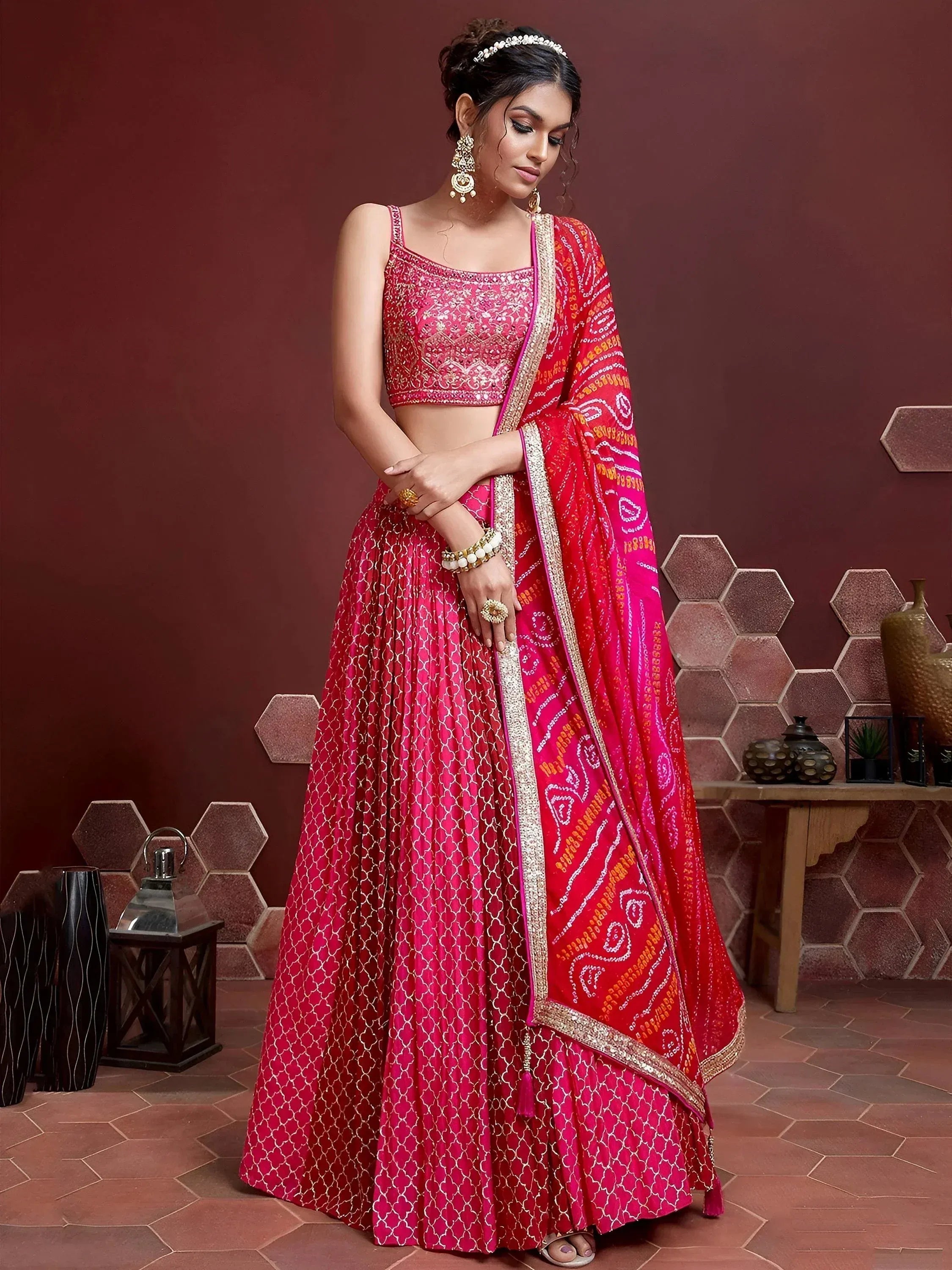 Tulsi Art Great Pink Embroidery Pure Chinon Silk Party Wear Lehenga Choli | Grocsy