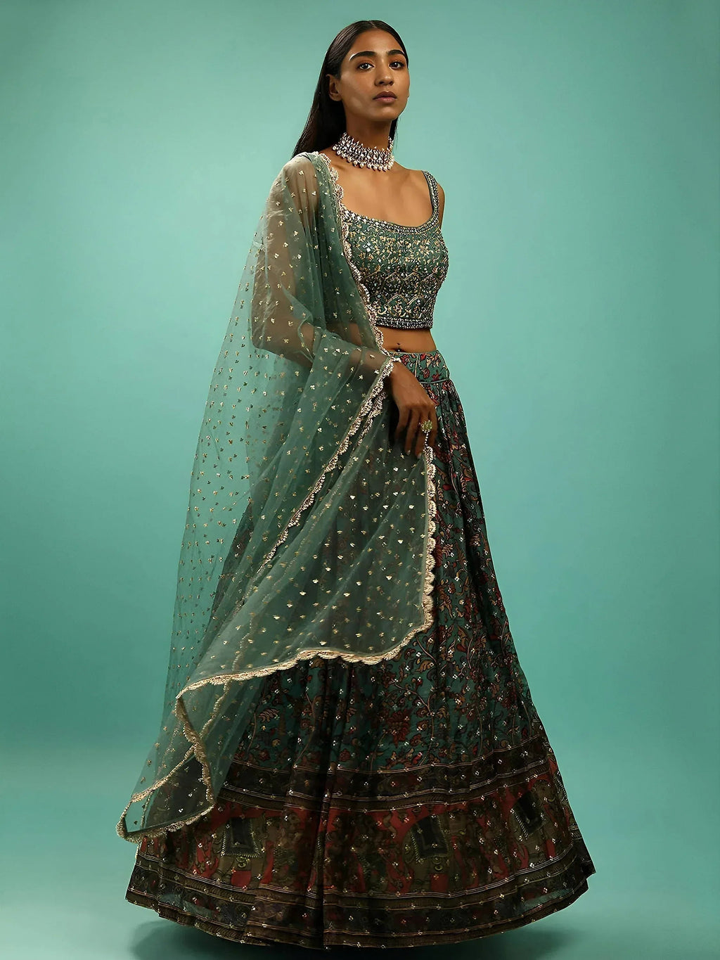 Tulsi Art Charming Green Chinon Digital Print Designer Party Wear Lehenga Choli | Grocsy