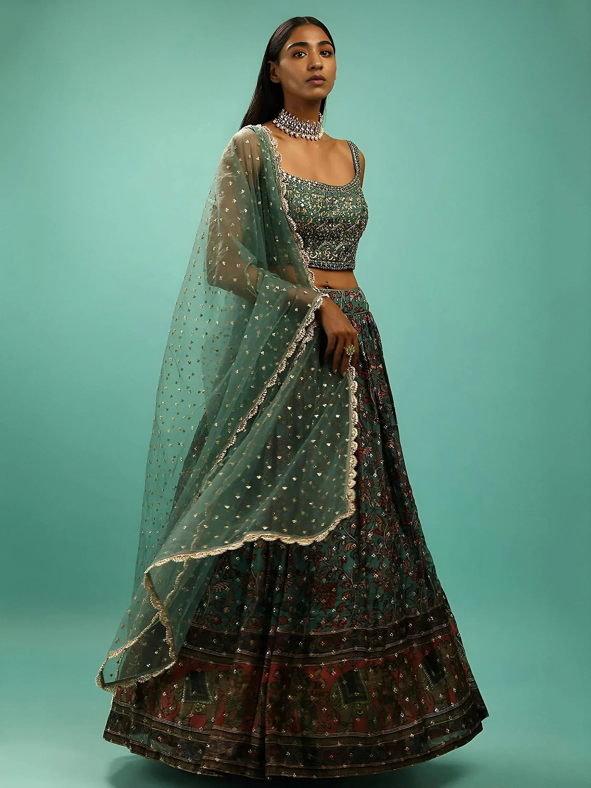 Tulsi Art Charming Green Chinon Digital Print Designer Party Wear Lehenga Choli | Grocsy