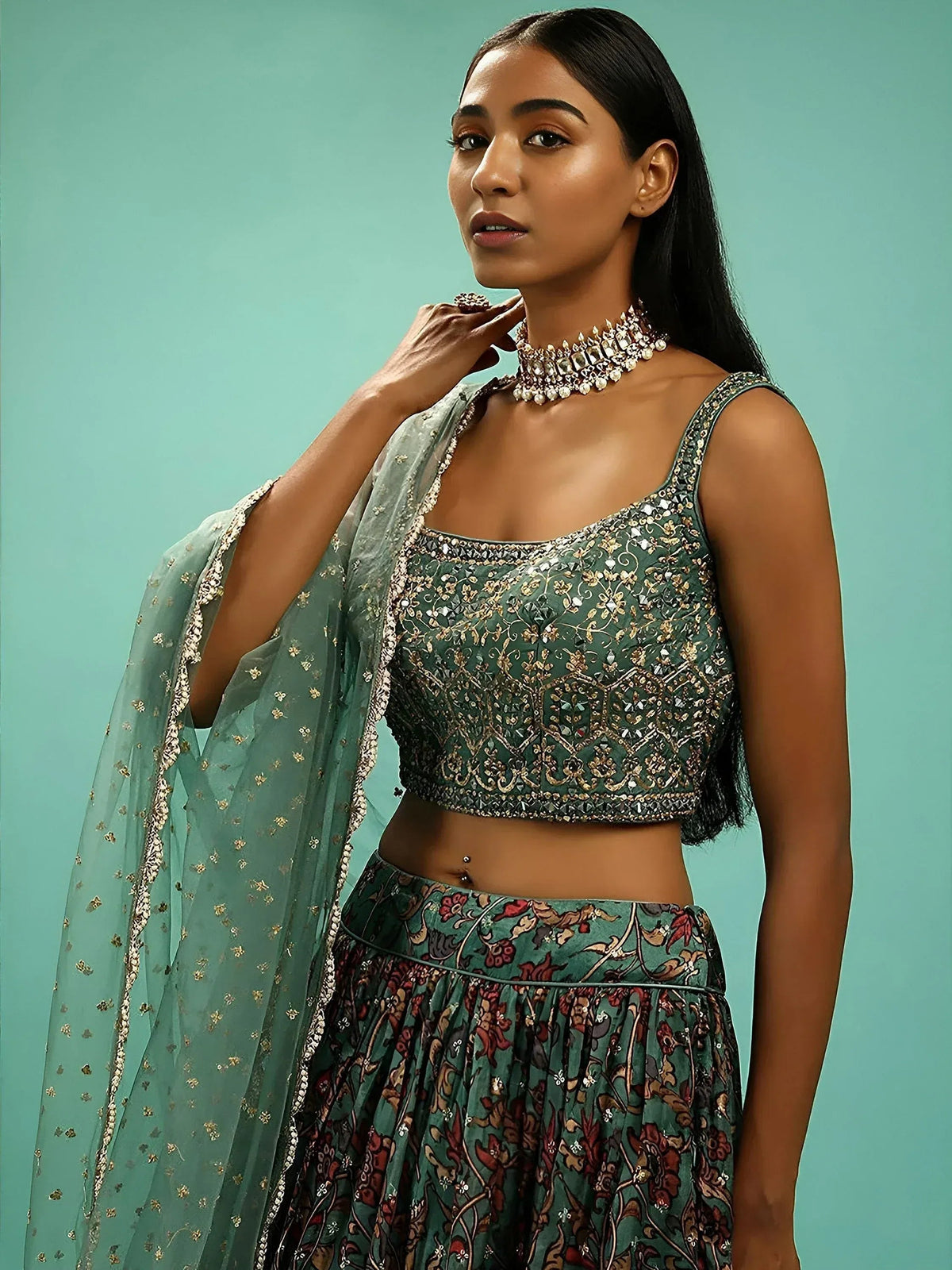 Tulsi Art Charming Green Chinon Digital Print Designer Party Wear Lehenga Choli | Grocsy
