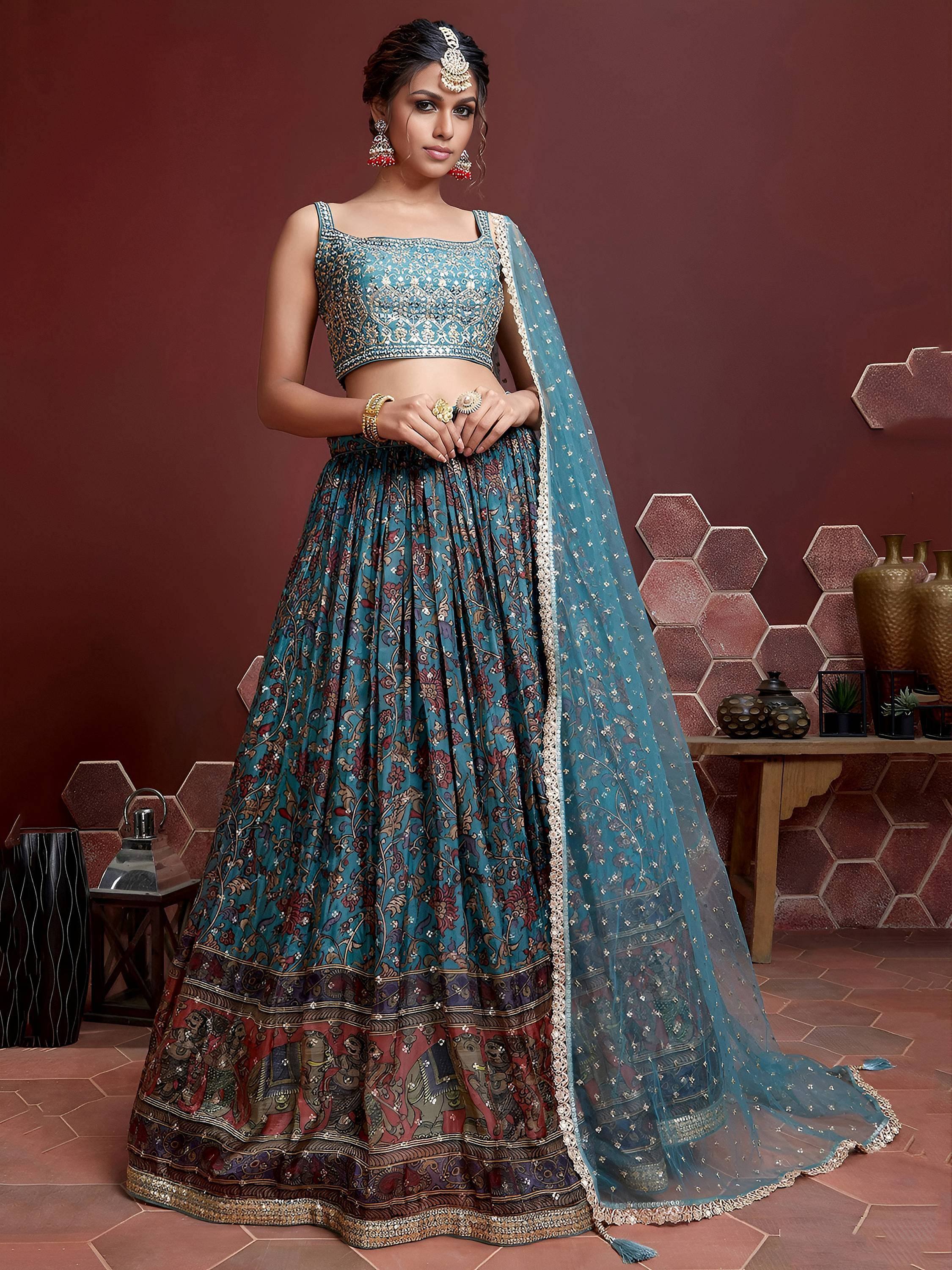 Tulsi Art Wondrous Blue Embroidery Chinon Silk Party Wear Lehenga Choli | Grocsy