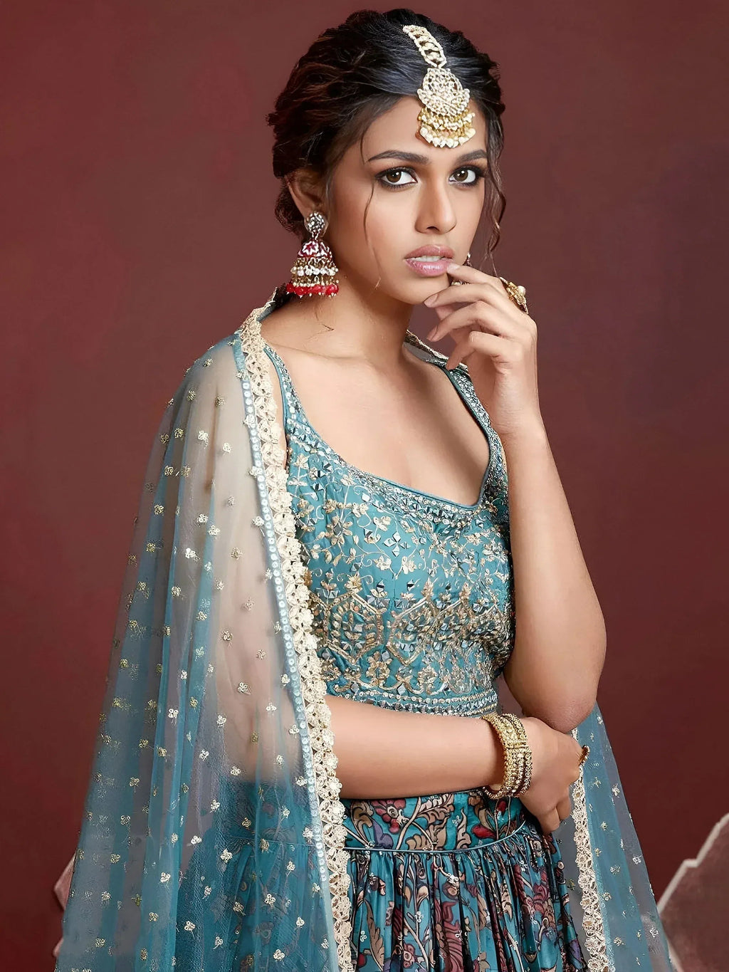 Tulsi Art Wondrous Blue Embroidery Chinon Silk Party Wear Lehenga Choli | Grocsy