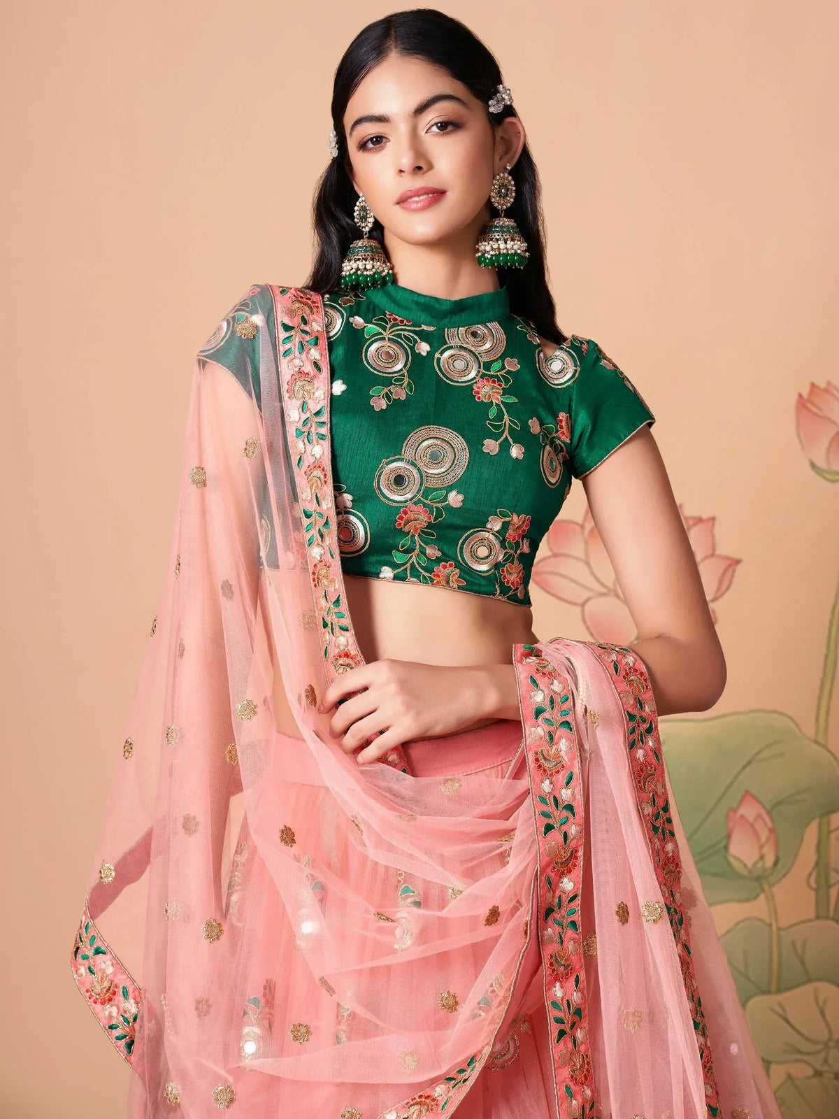 Tulsi Art Elegant Peach Mirror Work Net Party Wear Lehenga Choli | Grocsy