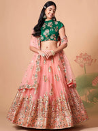 Tulsi Art Elegant Peach Mirror Work Net Party Wear Lehenga Choli | Grocsy