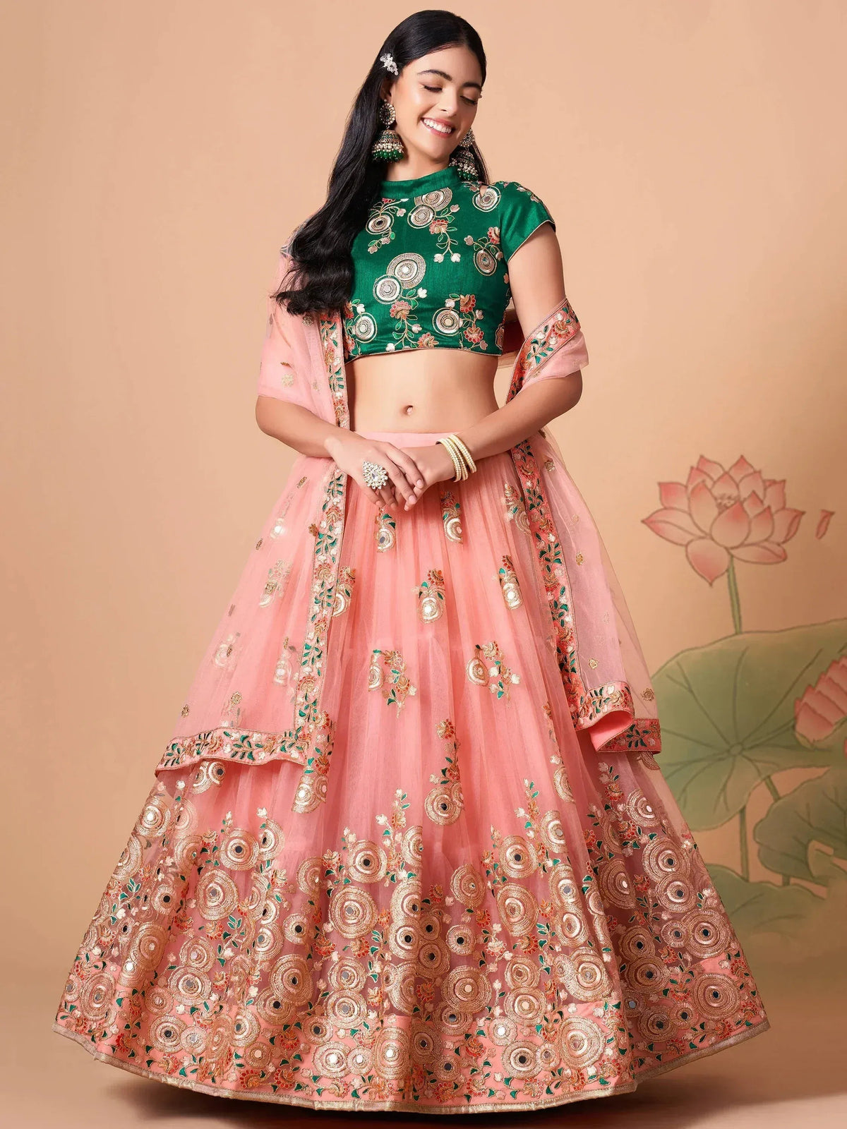Tulsi Art Elegant Peach Mirror Work Net Party Wear Lehenga Choli | Grocsy