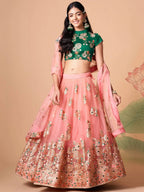 Tulsi Art Elegant Peach Mirror Work Net Party Wear Lehenga Choli | Grocsy