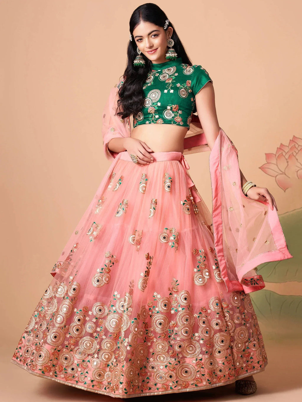 Tulsi Art Elegant Peach Mirror Work Net Party Wear Lehenga Choli | Grocsy