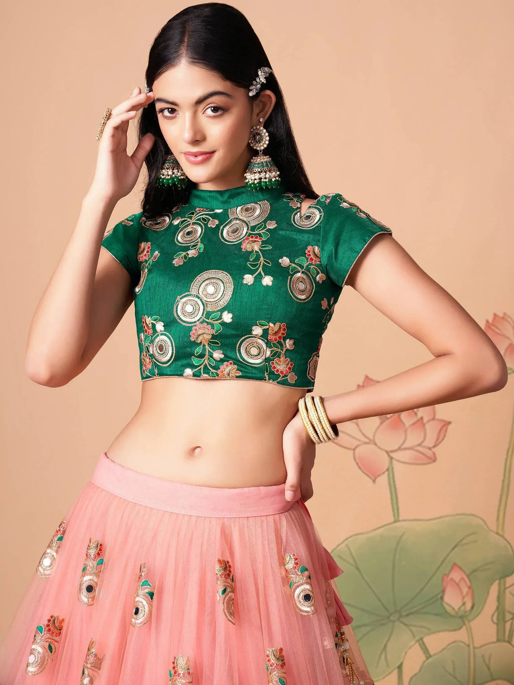 Tulsi Art Elegant Peach Mirror Work Net Party Wear Lehenga Choli | Grocsy
