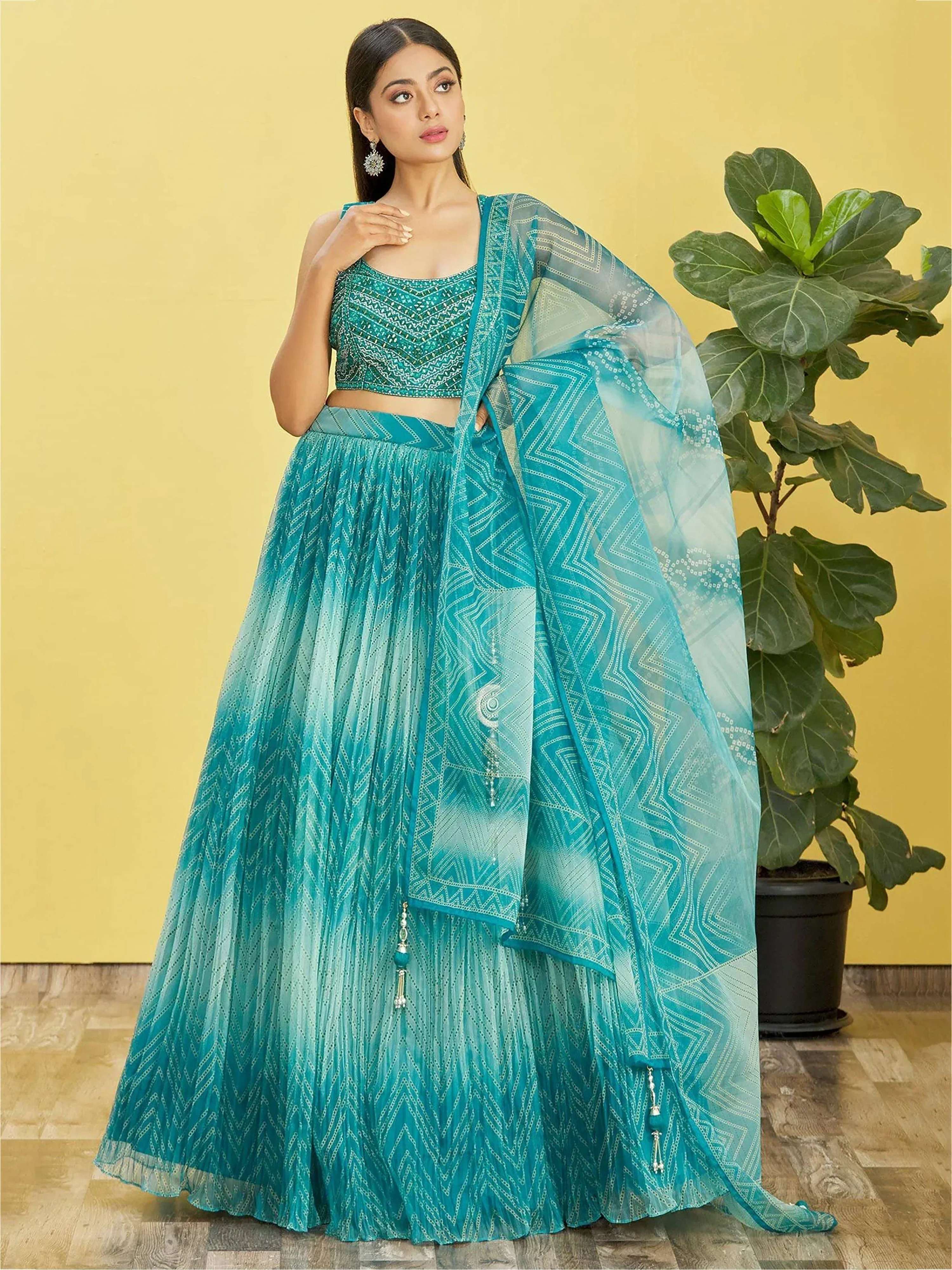 Tulsi Art Beautiful Blue Mirror Work Organza Wedding Wear Lehenga Choli | Grocsy