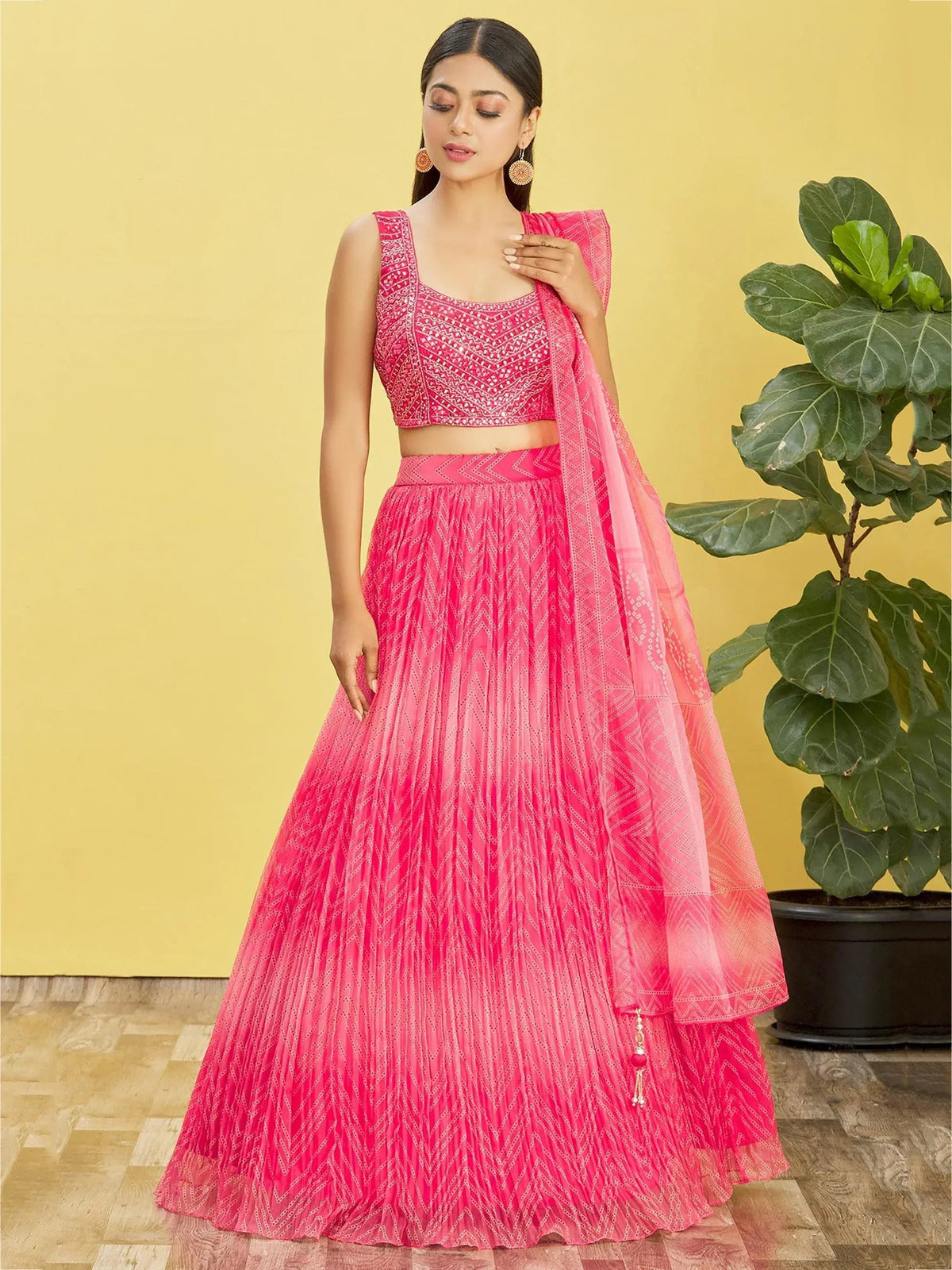 Tulsi Art Gorgeous Pink Mirror Work Organza Reception Wear Lehenga Choli | Grocsy