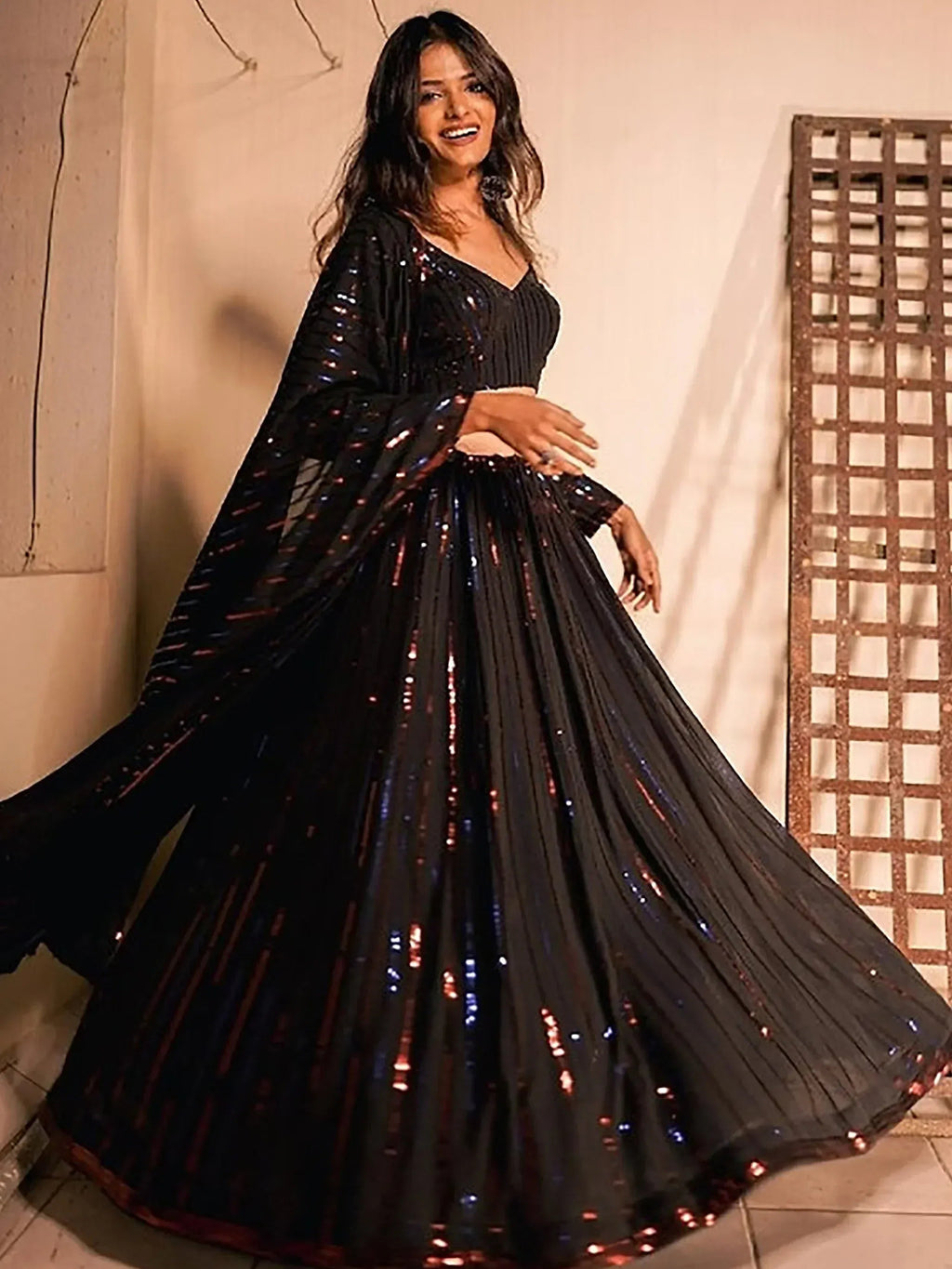 Tulsi Art Stunning Black Sequins Georgette Reception Wear Lehenga Choli | Grocsy