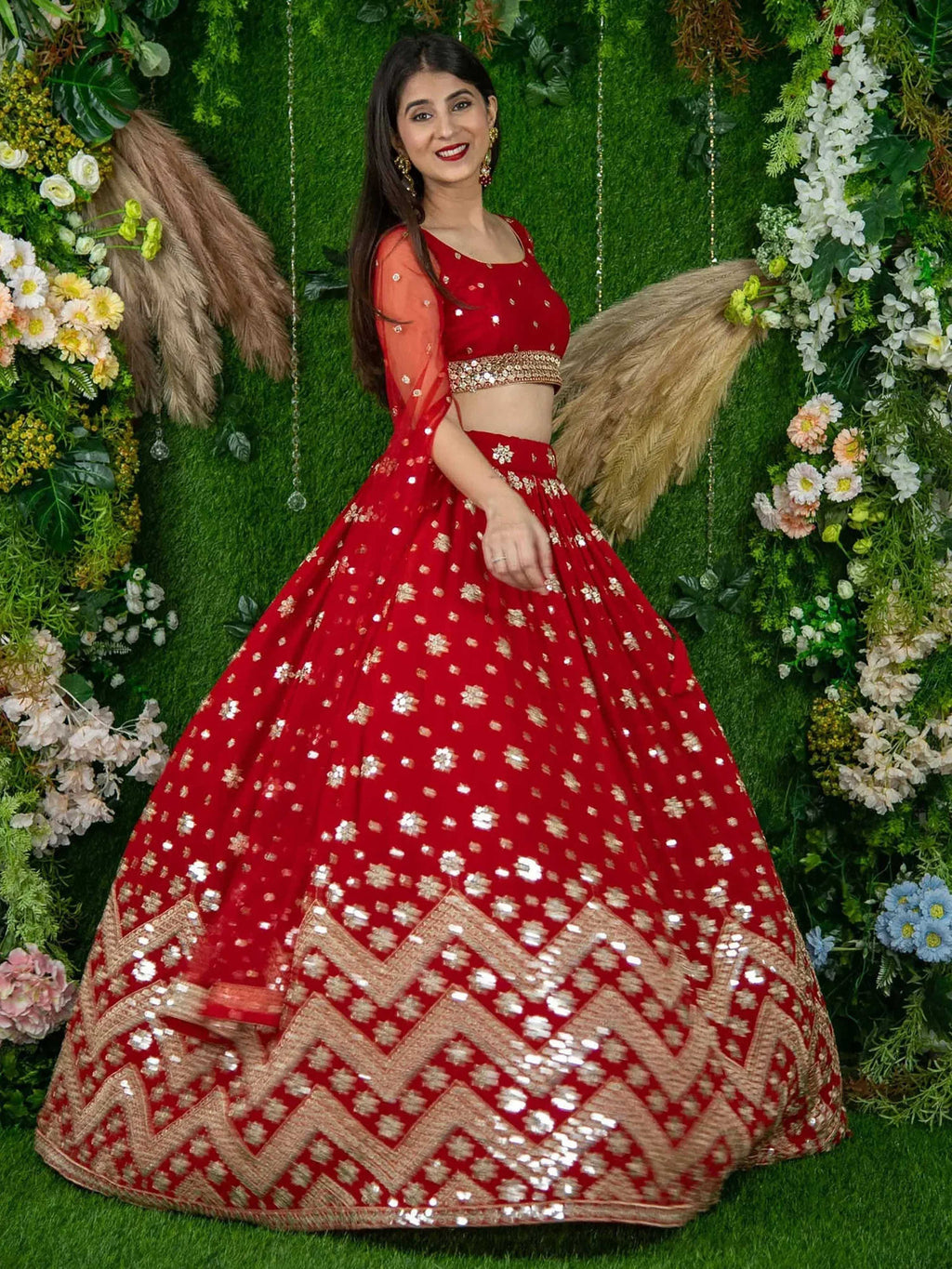 Tulsi Art Alluring Red Sequins Georgette Lehenga Choli With Attached Dupatta | Grocsy