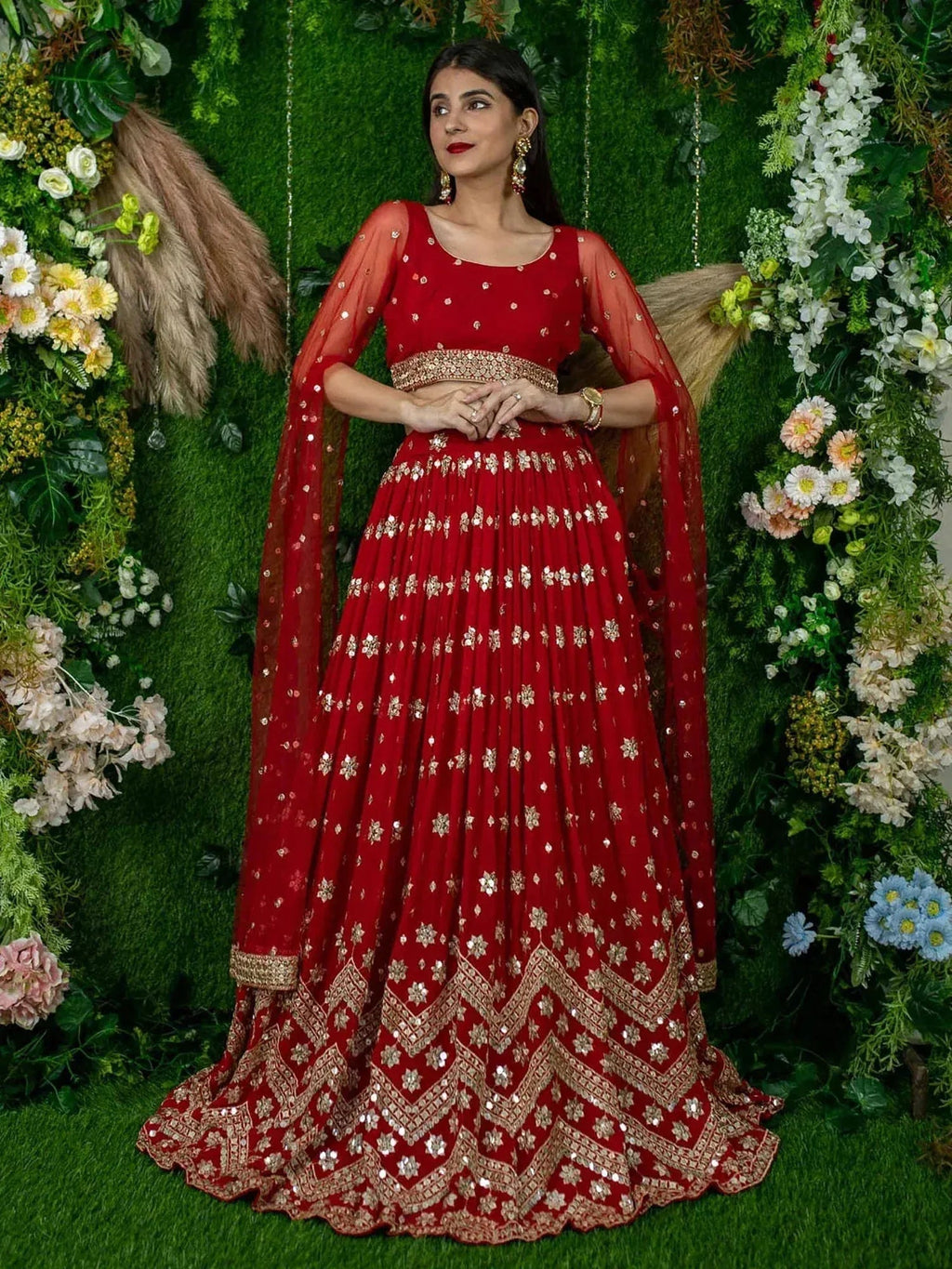 Tulsi Art Alluring Red Sequins Georgette Lehenga Choli With Attached Dupatta | Grocsy