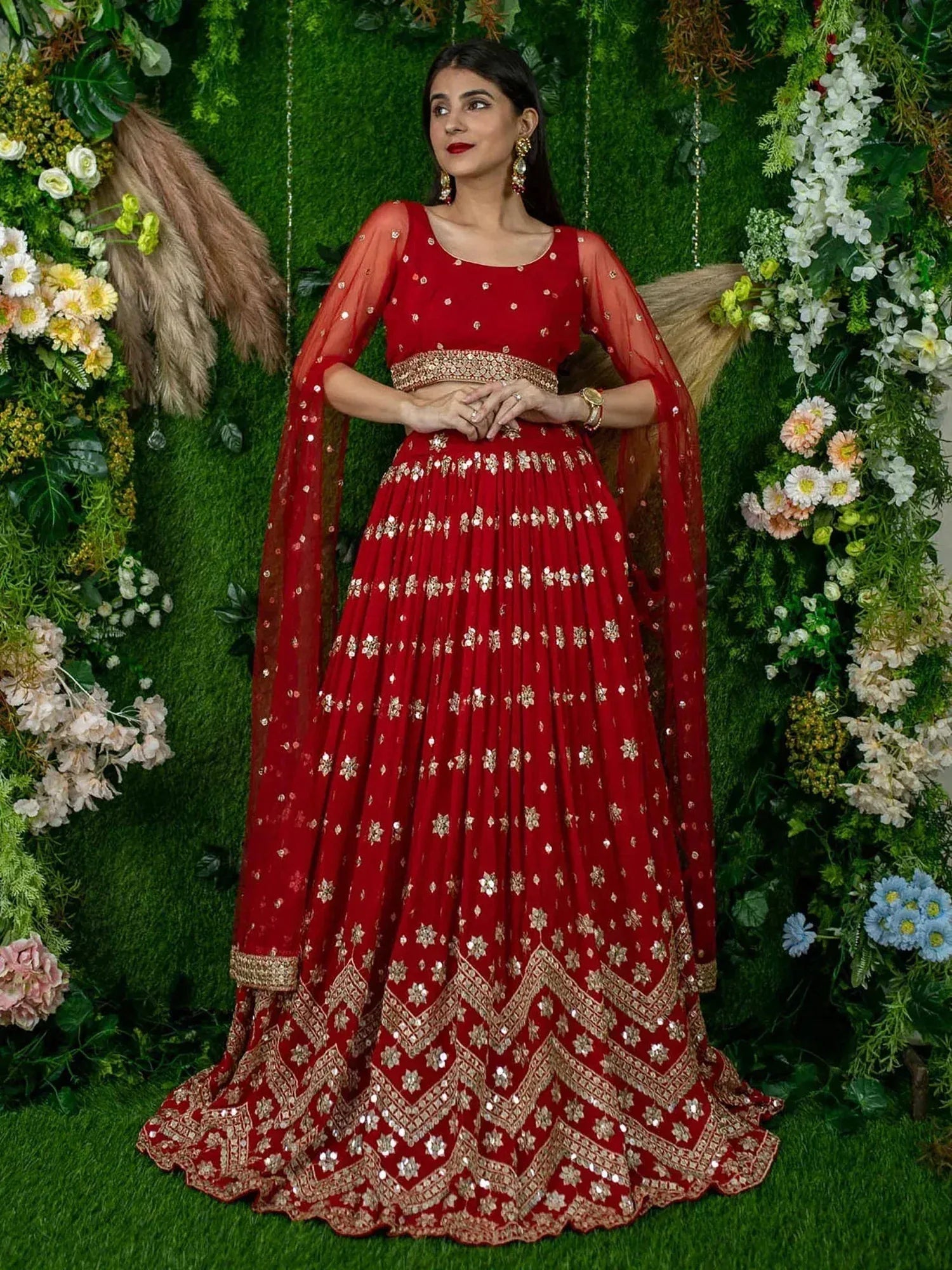 Tulsi Art Alluring Red Sequins Georgette Lehenga Choli With Attached Dupatta | Grocsy