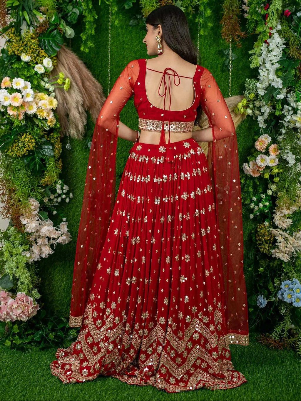 Tulsi Art Alluring Red Sequins Georgette Lehenga Choli With Attached Dupatta | Grocsy