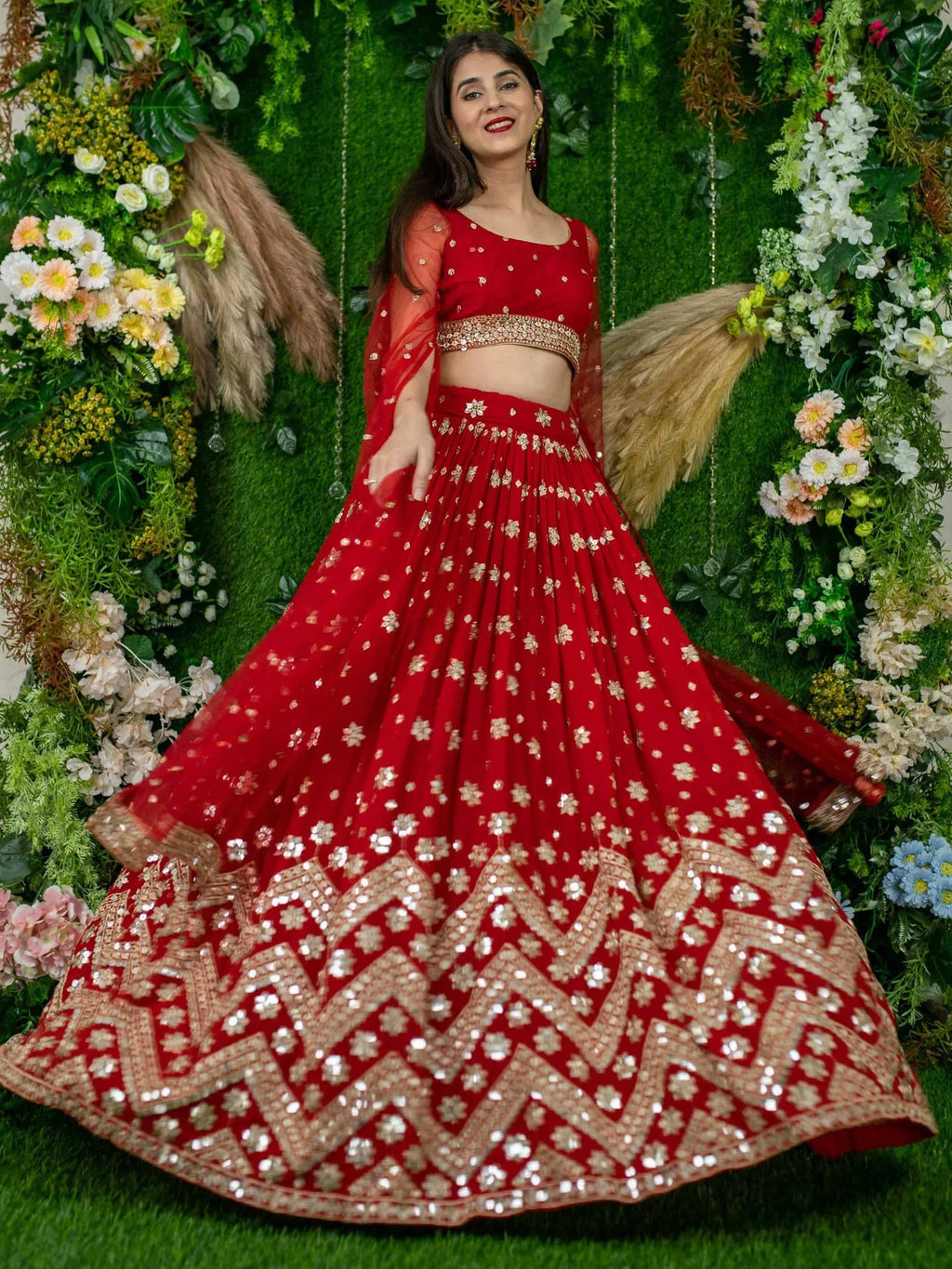 Tulsi Art Alluring Red Sequins Georgette Lehenga Choli With Attached Dupatta | Grocsy