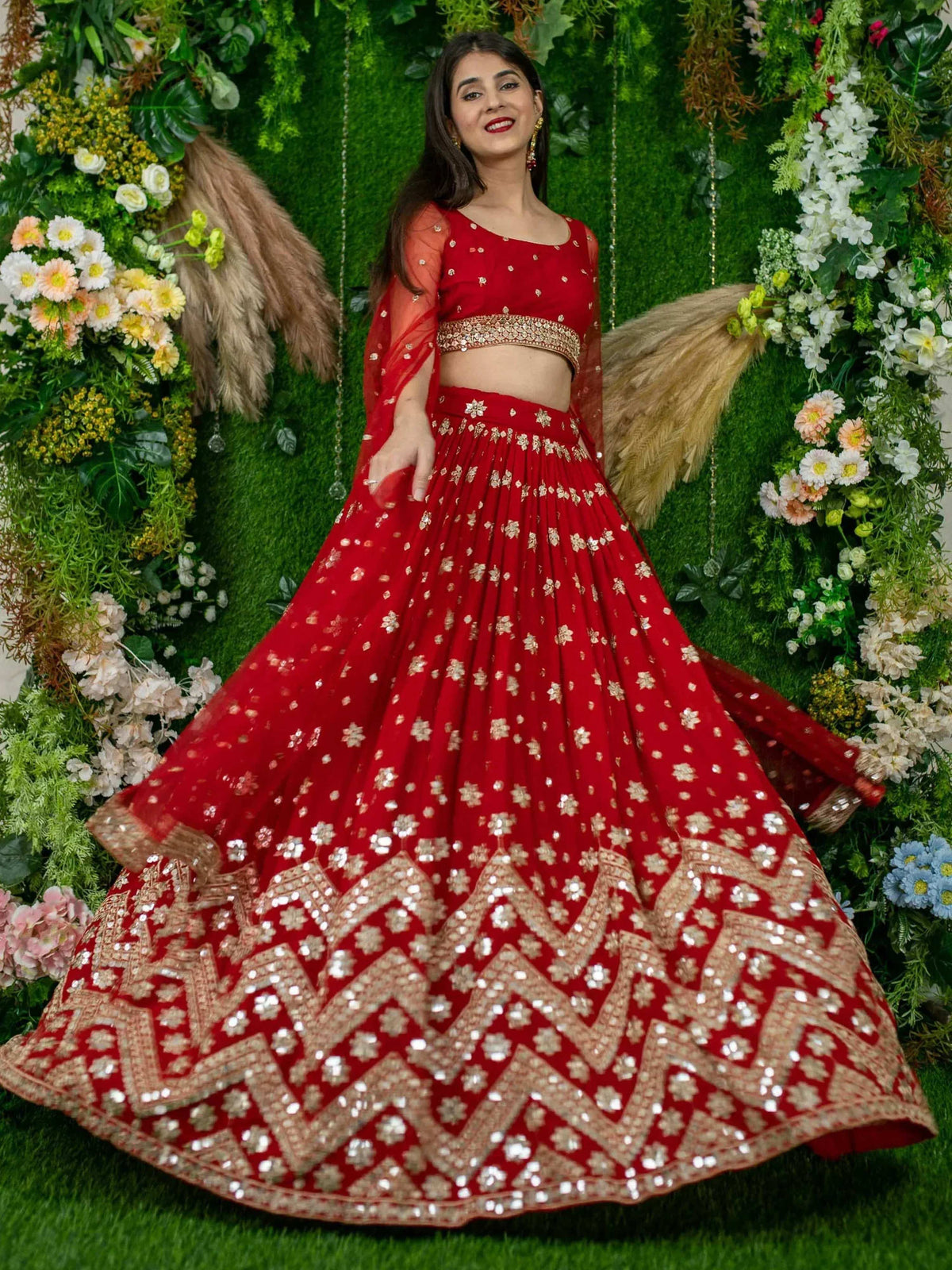 Tulsi Art Alluring Red Sequins Georgette Lehenga Choli With Attached Dupatta | Grocsy