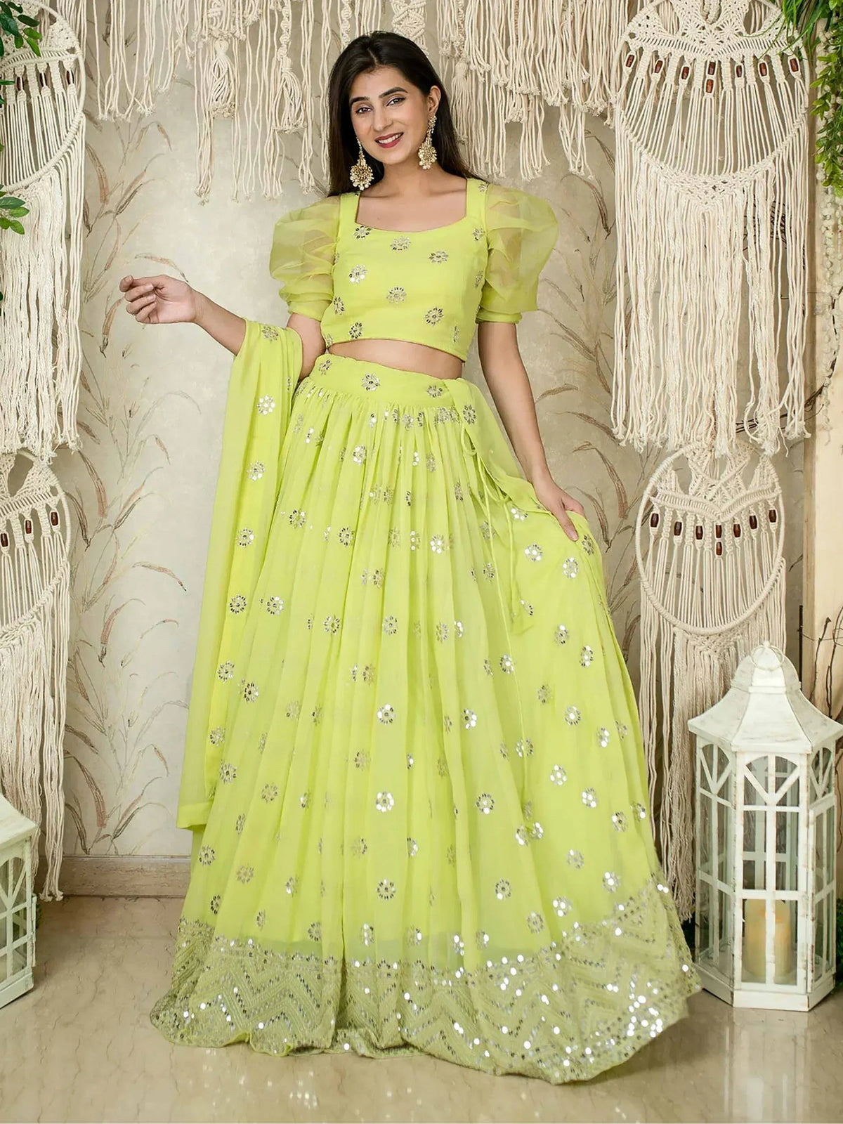 Tulsi Art Glamorous Lime Green Sequins Georgette Wedding Wear Lehenga Choli | Grocsy