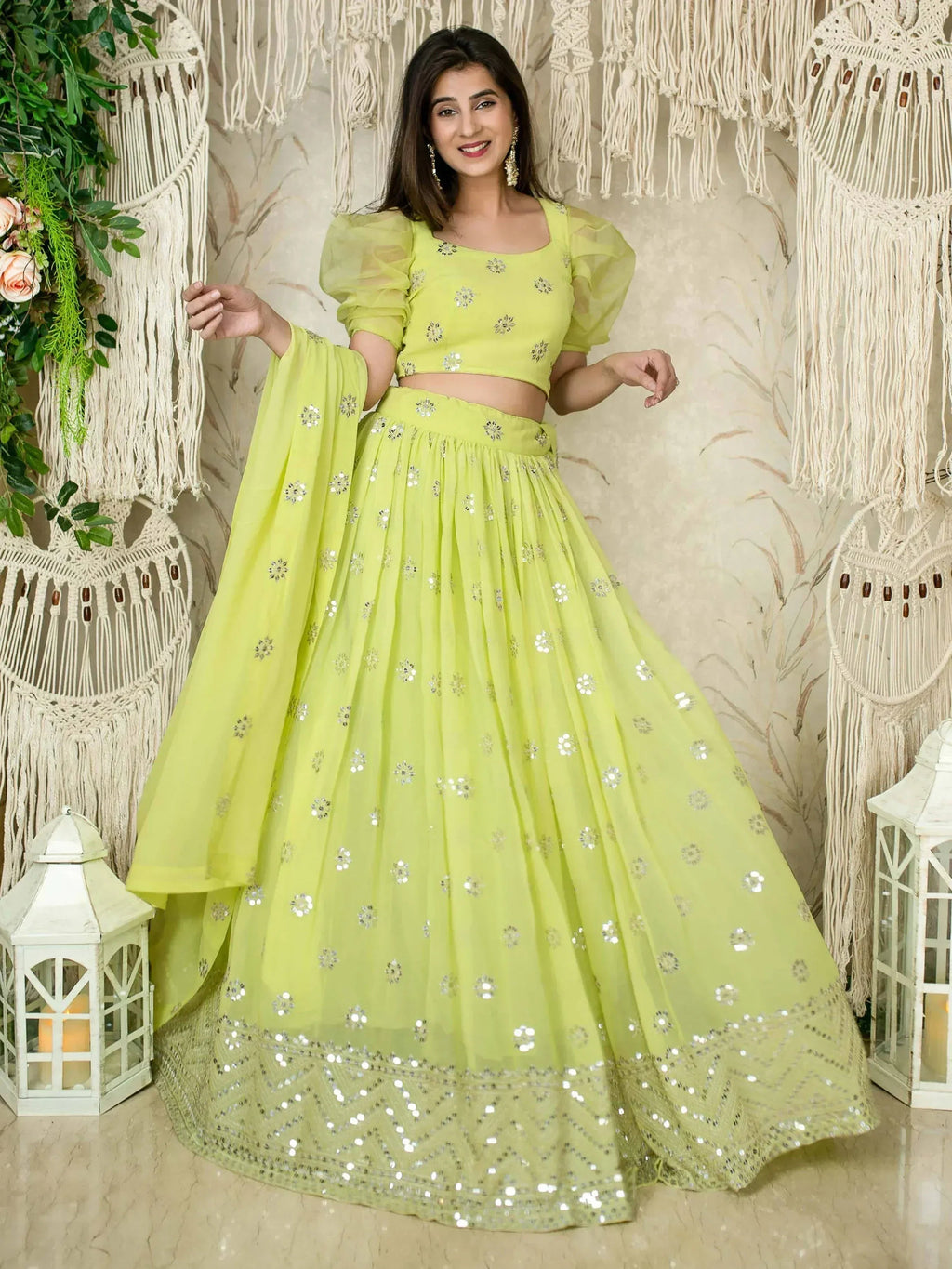 Tulsi Art Glamorous Lime Green Sequins Georgette Wedding Wear Lehenga Choli | Grocsy