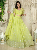 Tulsi Art Glamorous Lime Green Sequins Georgette Wedding Wear Lehenga Choli | Grocsy
