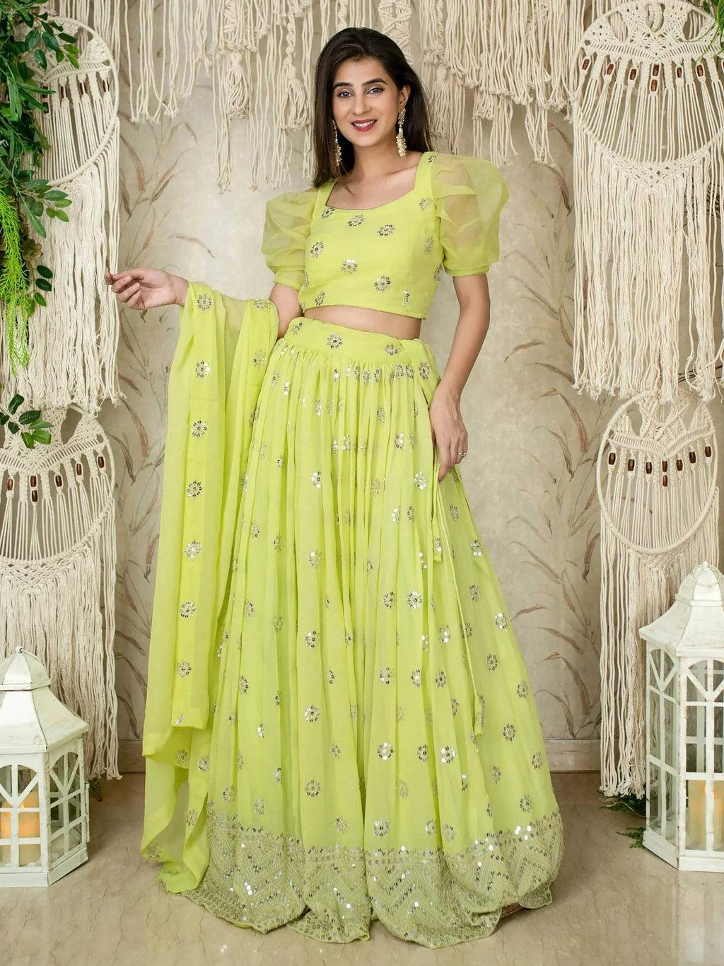 Tulsi Art Glamorous Lime Green Sequins Georgette Wedding Wear Lehenga Choli | Grocsy