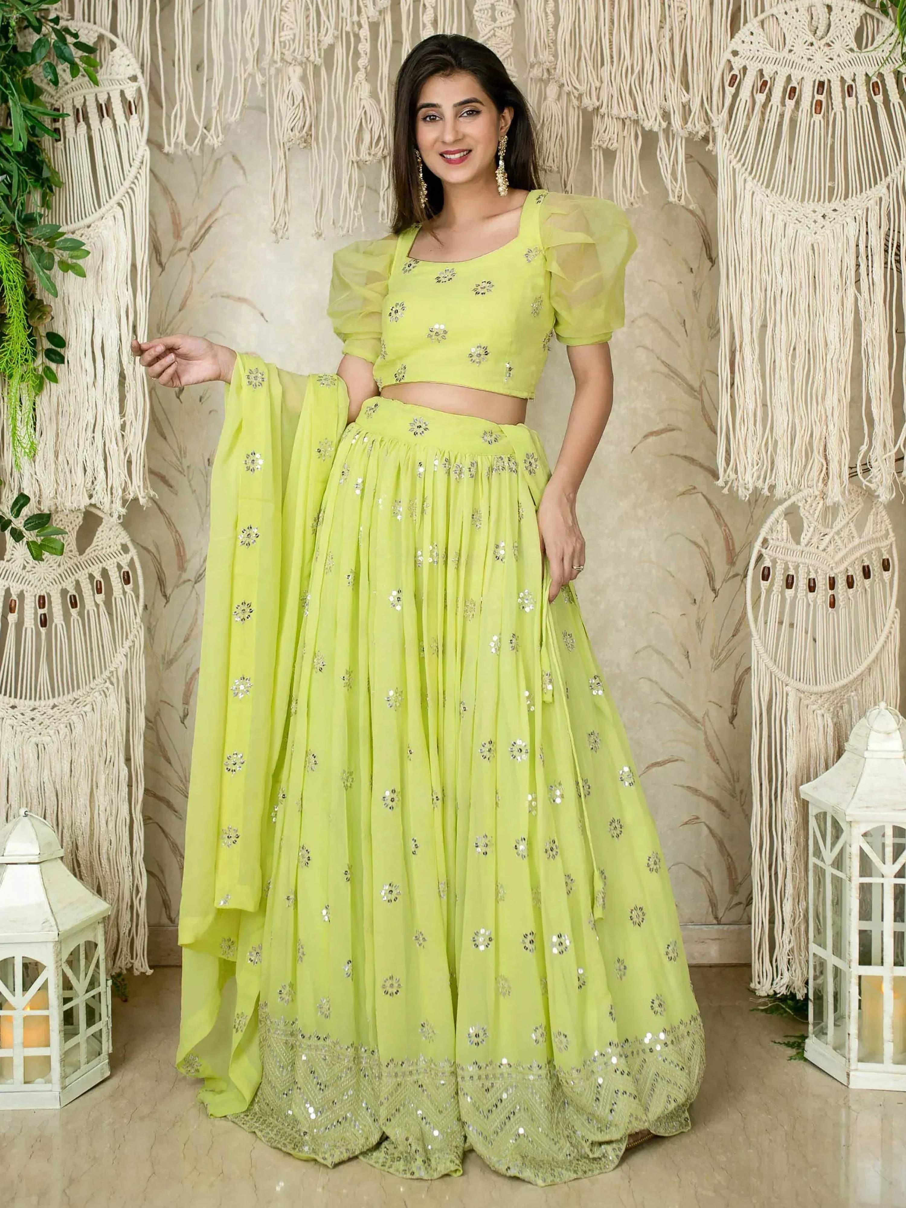 Tulsi Art Glamorous Lime Green Sequins Georgette Wedding Wear Lehenga Choli | Grocsy