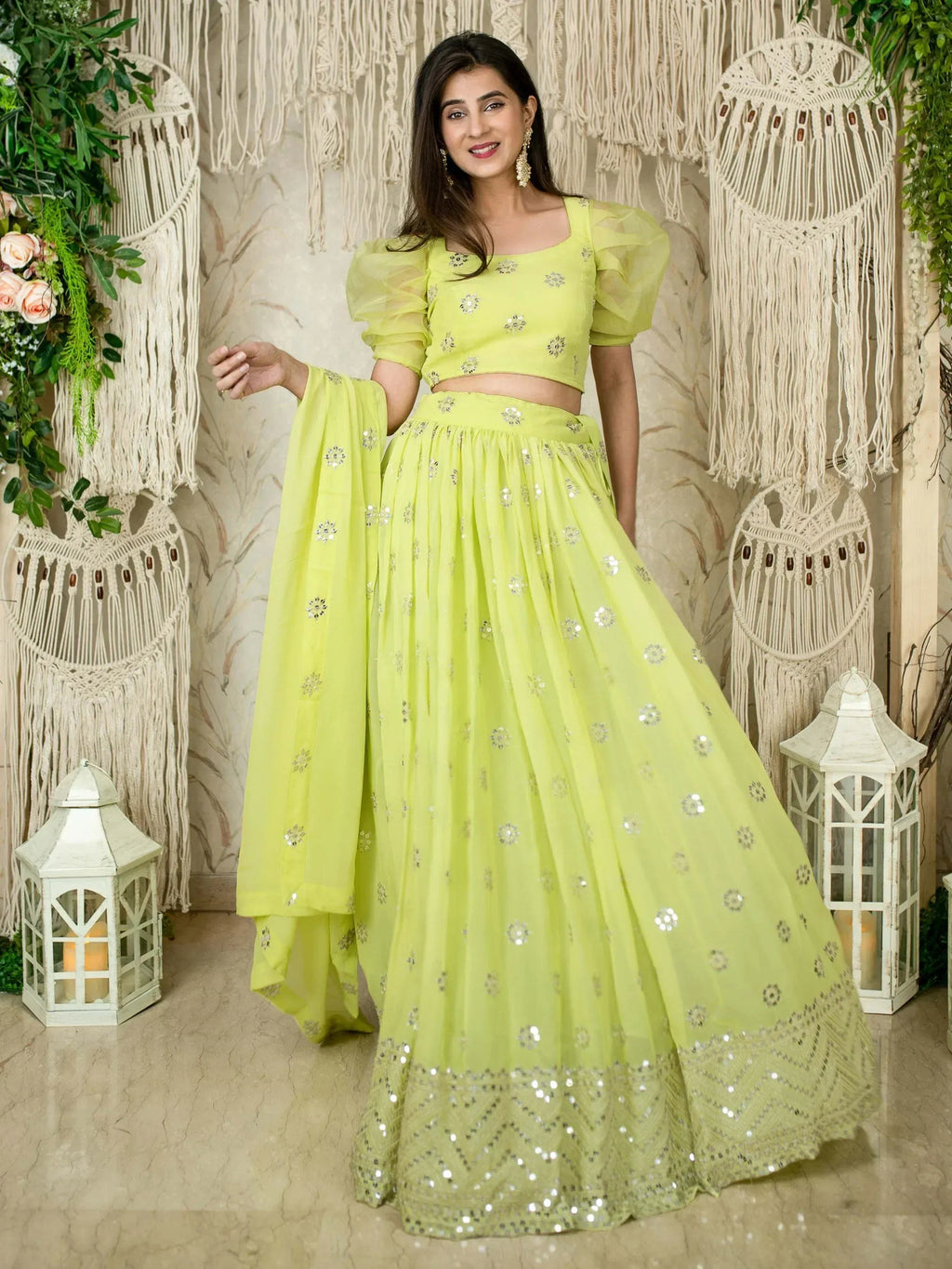 Tulsi Art Glamorous Lime Green Sequins Georgette Wedding Wear Lehenga Choli | Grocsy