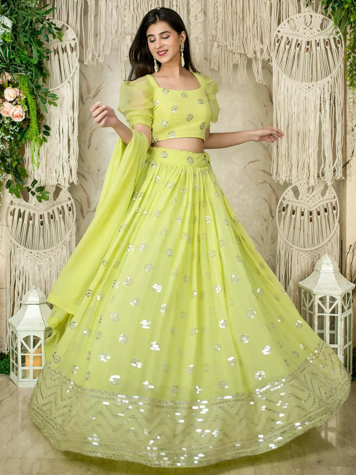 Tulsi Art Glamorous Lime Green Sequins Georgette Wedding Wear Lehenga Choli | Grocsy