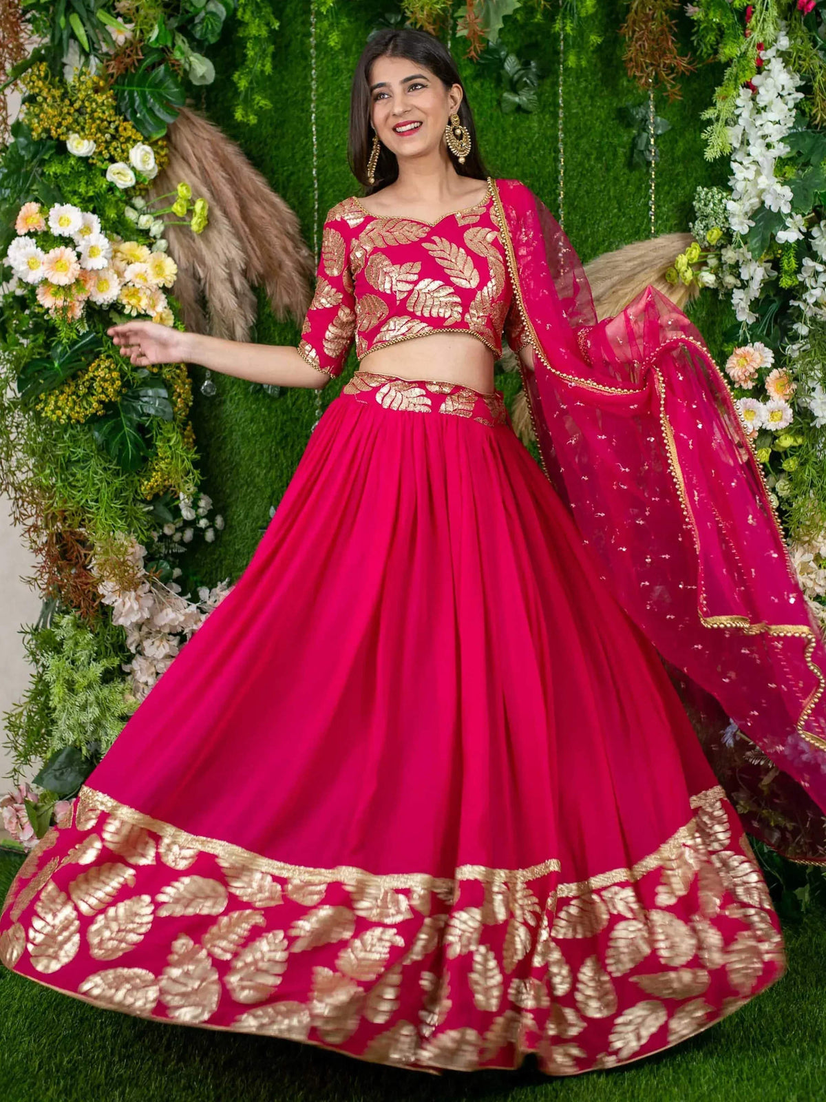 Tulsi Art Astonishing Pink Zari Embroidered Georgette Lehenga Choli With Dupatta | Grocsy