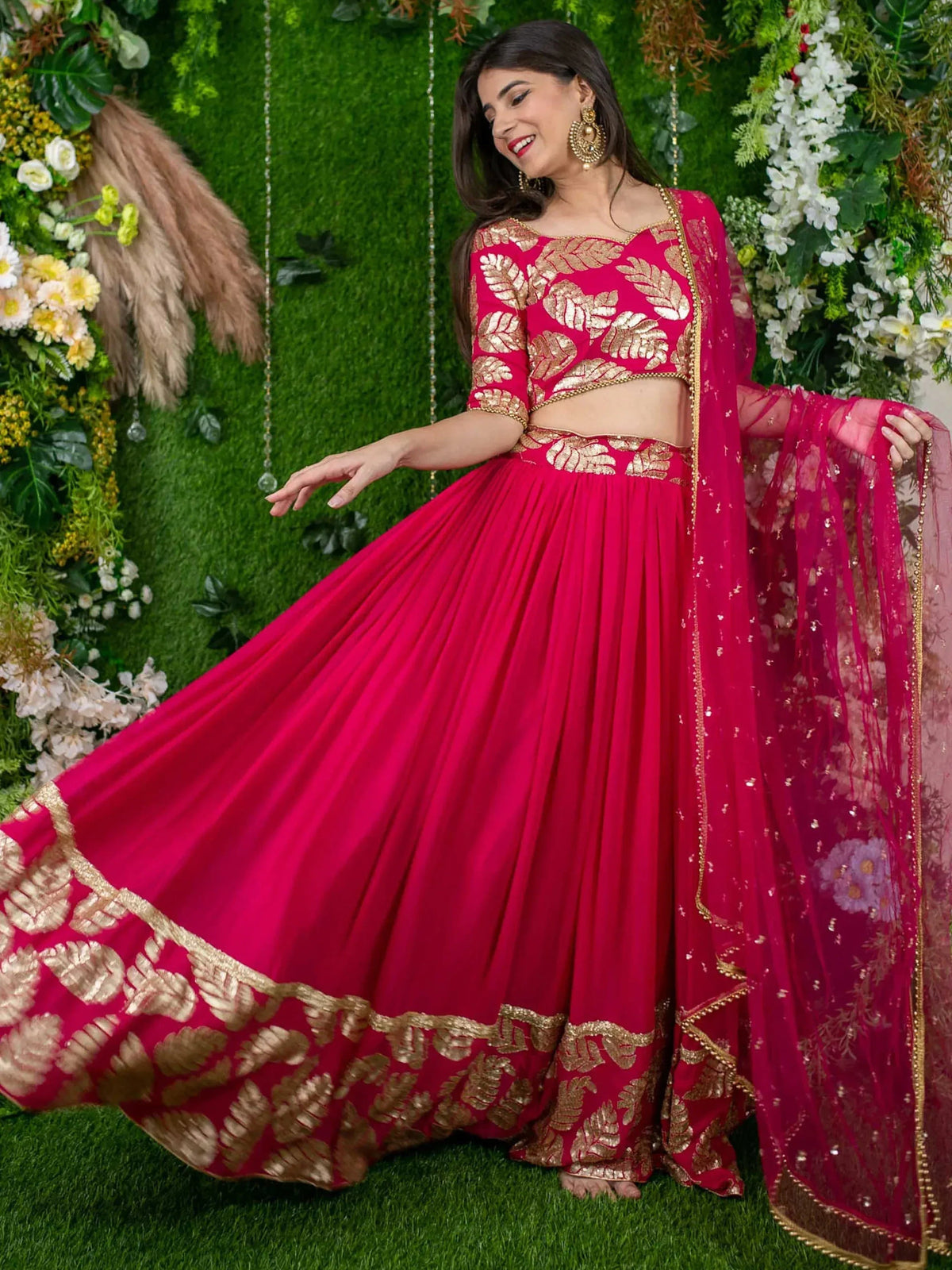 Tulsi Art Astonishing Pink Zari Embroidered Georgette Lehenga Choli With Dupatta | Grocsy