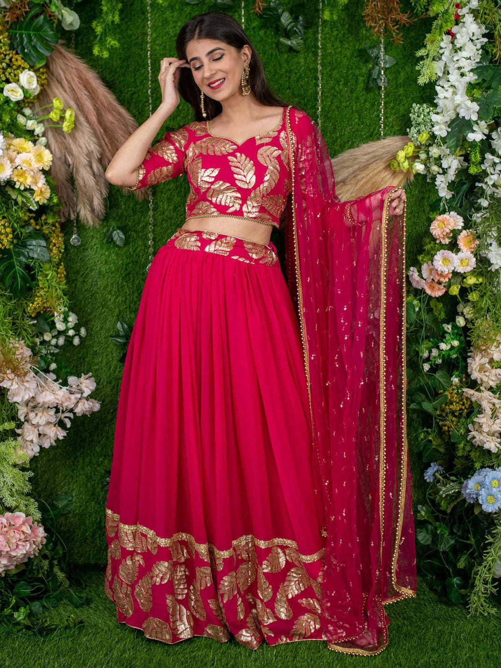 Tulsi Art Astonishing Pink Zari Embroidered Georgette Lehenga Choli With Dupatta | Grocsy