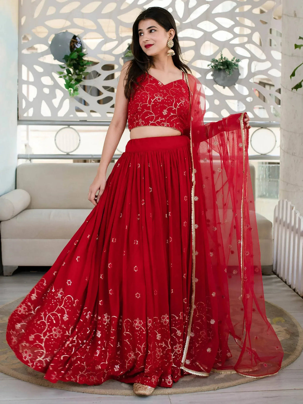 Tulsi Art Awesome Red Embroidered Georgette Reception Wear Lehenga Choli | Grocsy