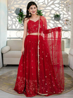 Tulsi Art Awesome Red Embroidered Georgette Reception Wear Lehenga Choli | Grocsy