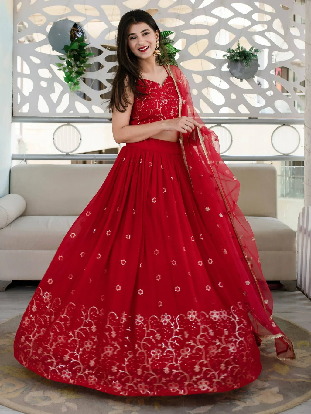 Tulsi Art Awesome Red Embroidered Georgette Reception Wear Lehenga Choli | Grocsy