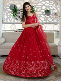 Tulsi Art Awesome Red Embroidered Georgette Reception Wear Lehenga Choli | Grocsy