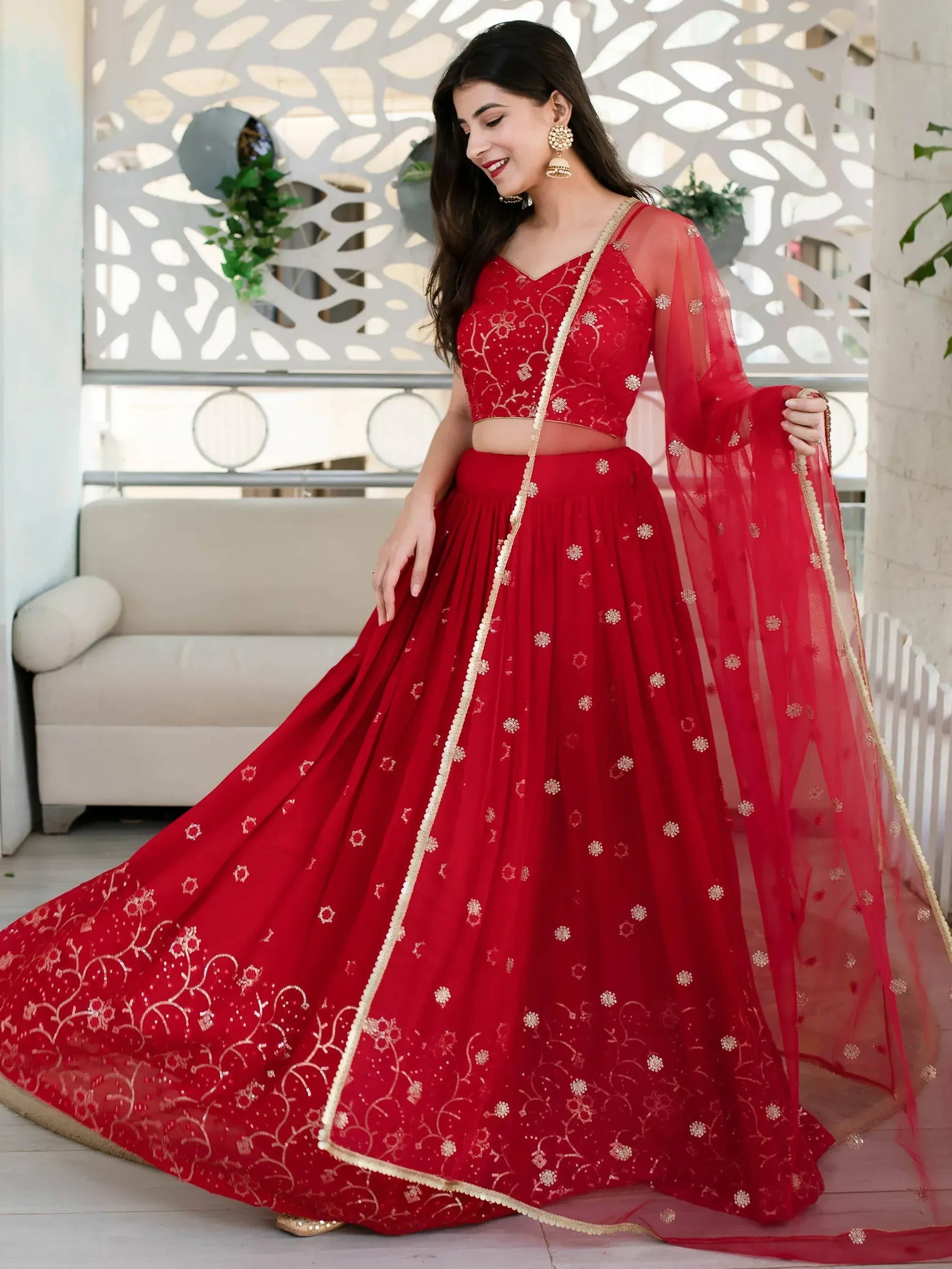 Tulsi Art Awesome Red Embroidered Georgette Reception Wear Lehenga Choli | Grocsy