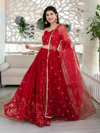 Tulsi Art Awesome Red Embroidered Georgette Reception Wear Lehenga Choli | Grocsy