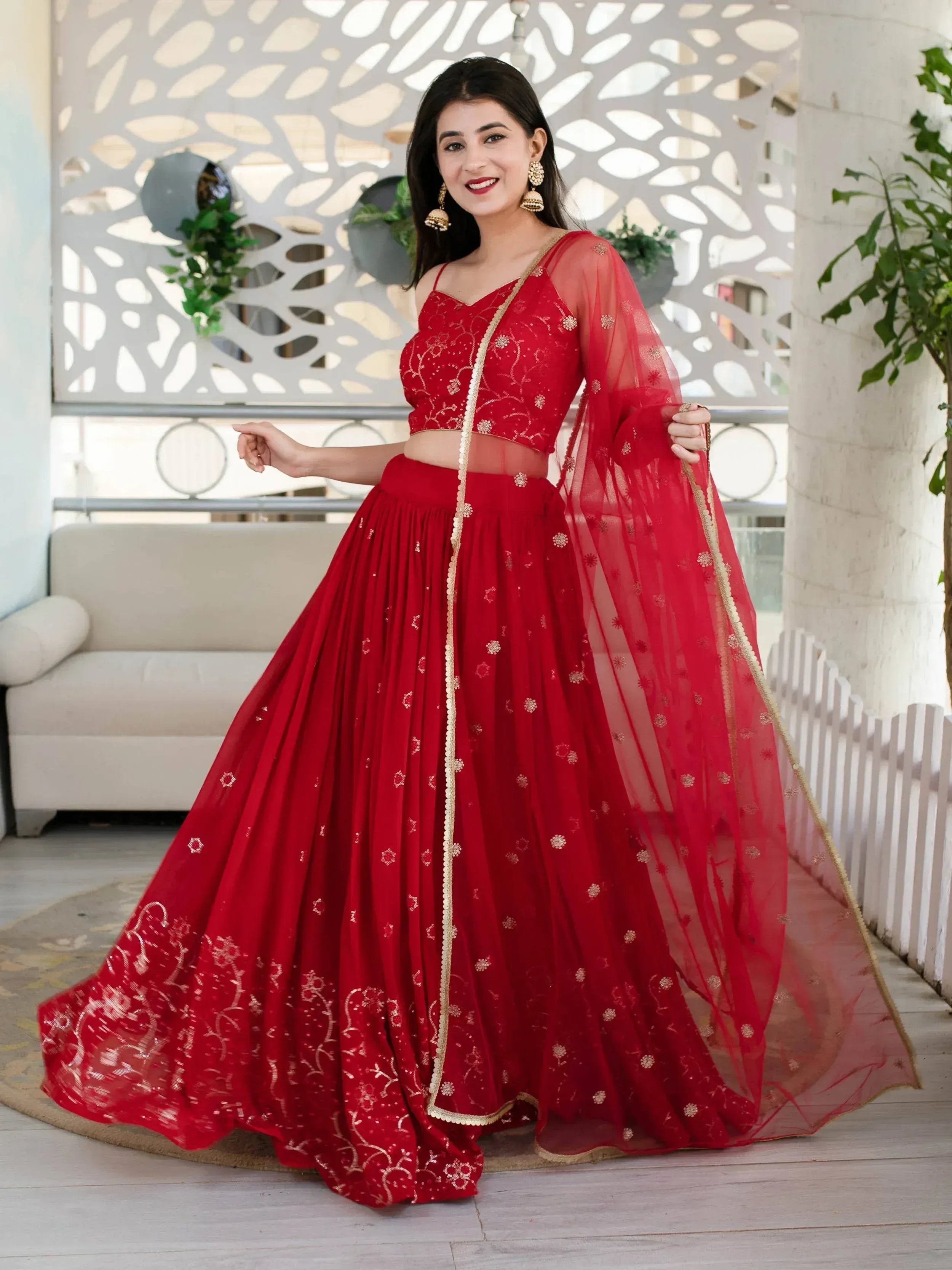 Tulsi Art Awesome Red Embroidered Georgette Reception Wear Lehenga Choli | Grocsy