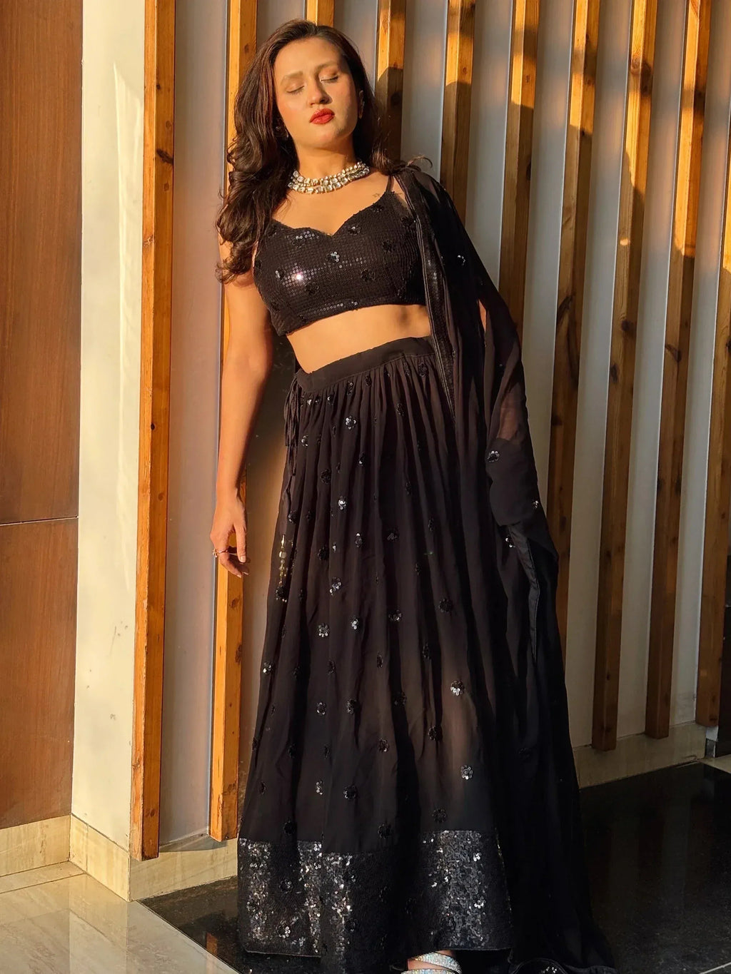 Tulsi Art Wonderful Black Sequins Georgette Reception Wear Lehenga Choli | Grocsy