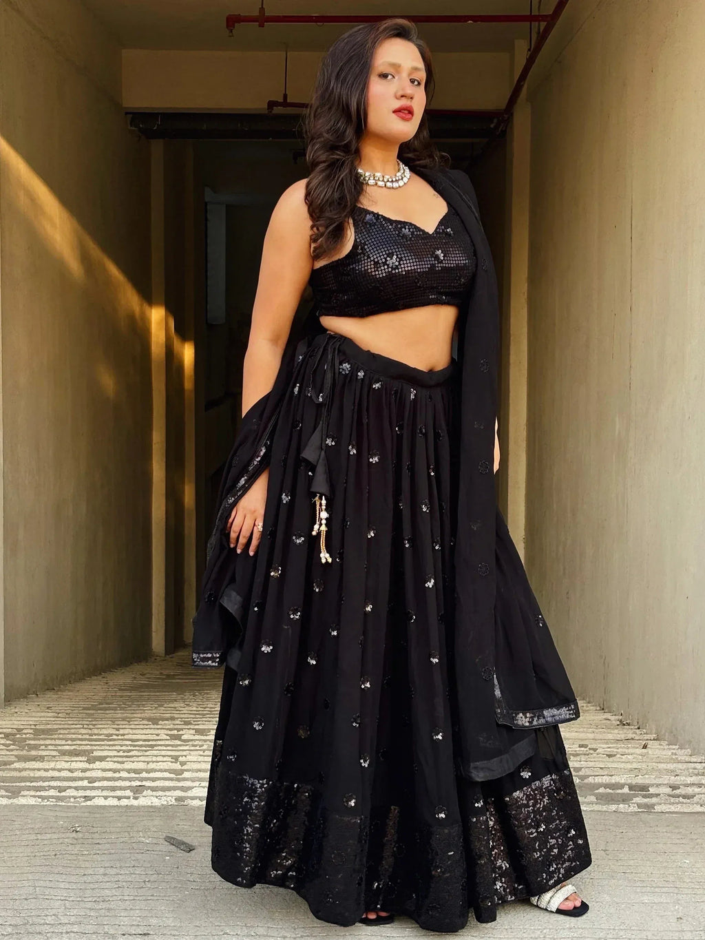 Tulsi Art Wonderful Black Sequins Georgette Reception Wear Lehenga Choli | Grocsy